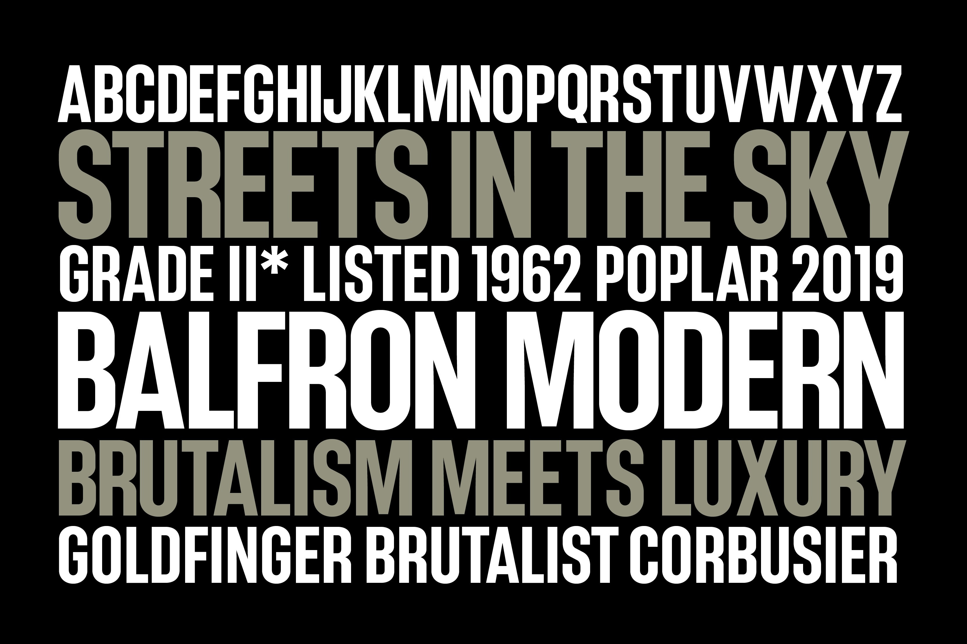 Black and white text design featuring "Streets in the Sky" and "Balfon Modern," with phrases about modern architecture.