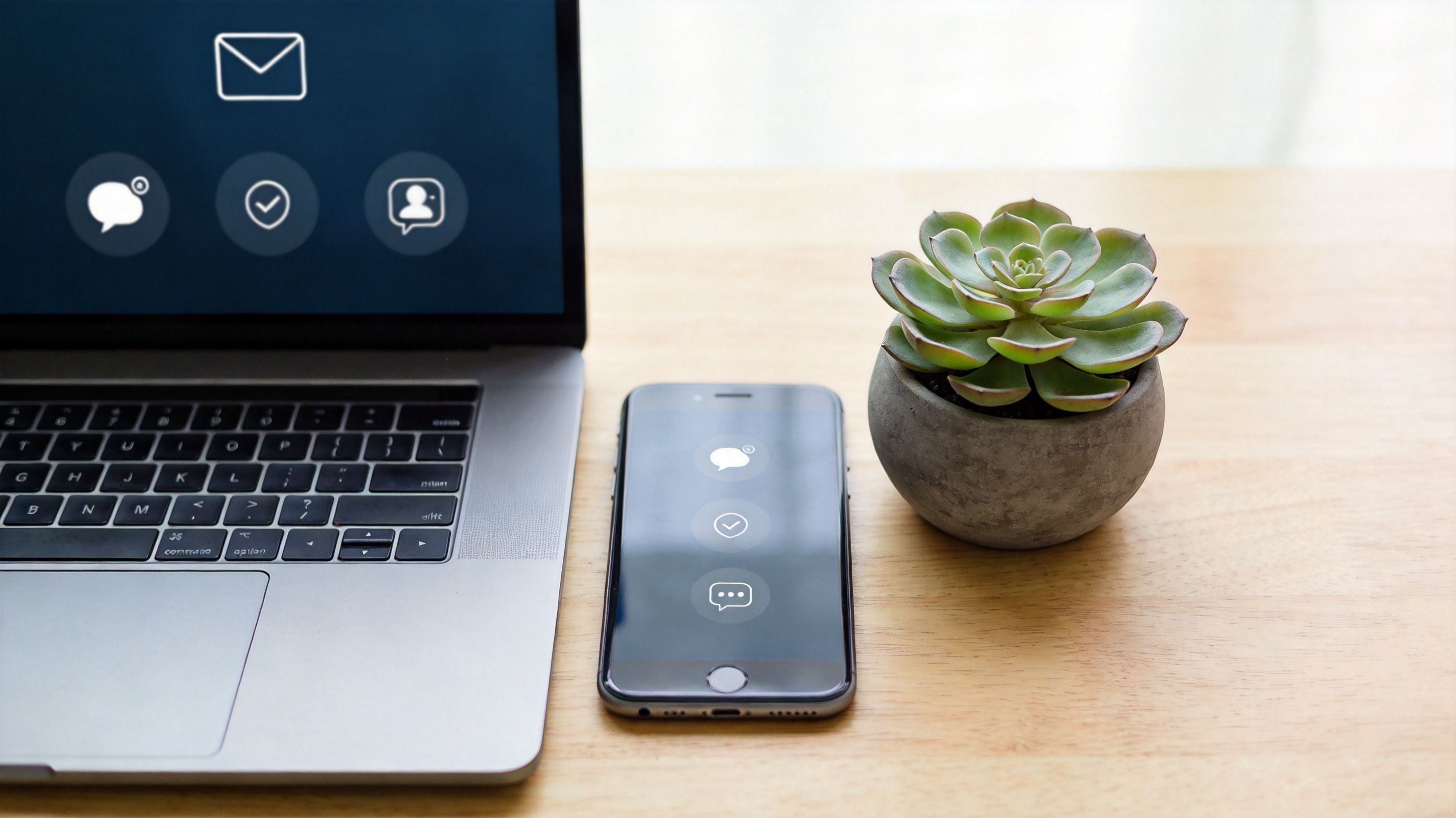 A laptop and a smartphone displaying digital communication icons on a light wooden desk with a succulent.