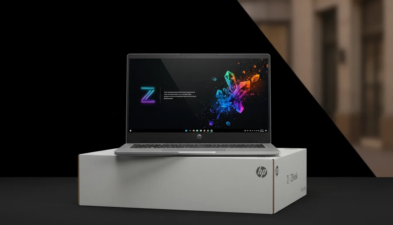 DSLR product photography of a sleek, silver HP ZBook mobile workstation, front view, centered and propped up on its white packaging box. The laptop screen is on, displaying a dark presentation with a stylized 'Z' logo and abstracted text lines on the left, and a vibrant, multi-colored abstract graphic of glowing crystal shapes on the right. Soft studio lighting illuminates the scene, creating a sharp focus on the laptop's matte metallic texture. The background is split between a deep black on the left and a warm, softly blurred wall on the right, creating a shallow depth of field.