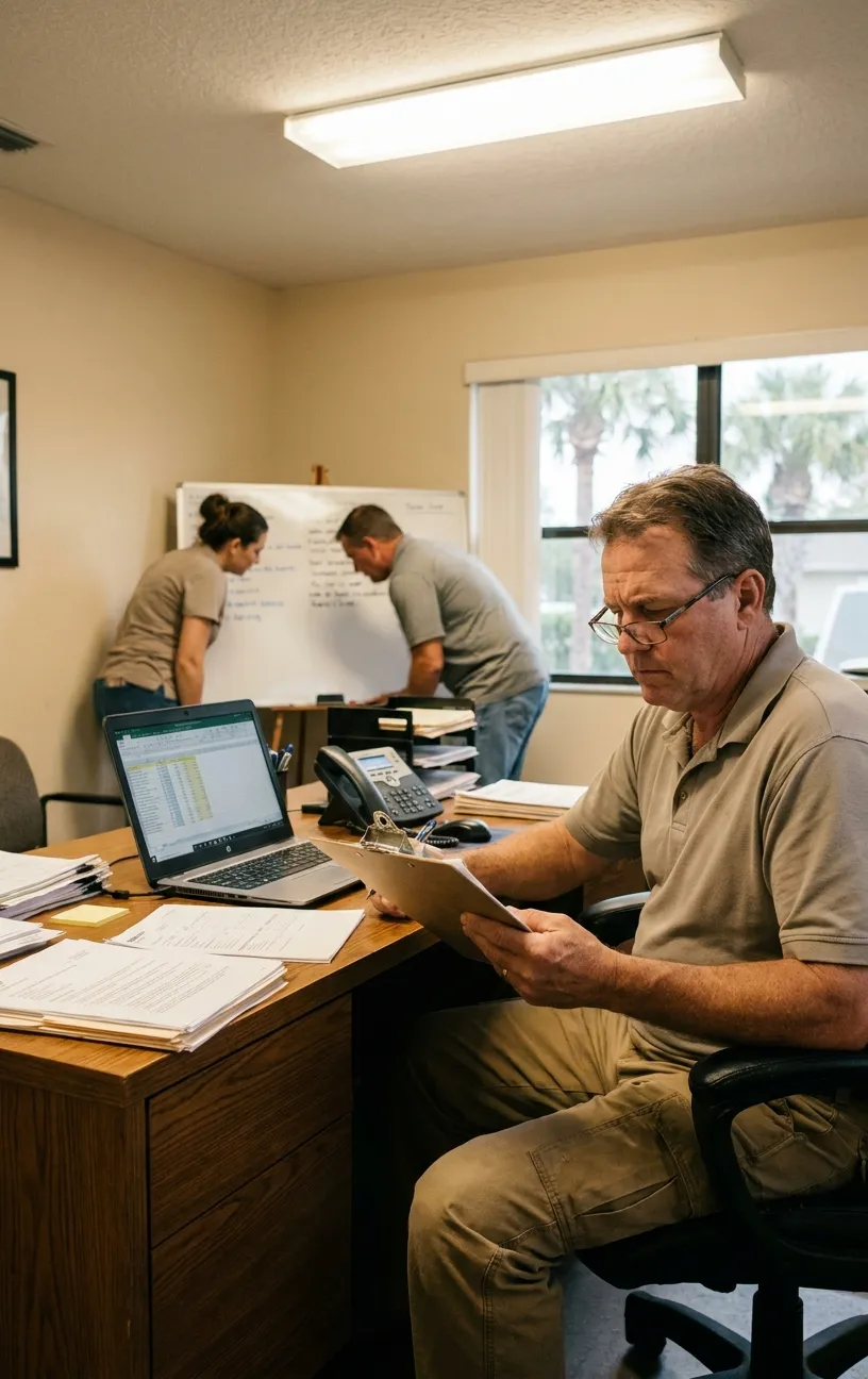 Man at desk reviewing files, RockN' Socials Digital Marketing Agency office.