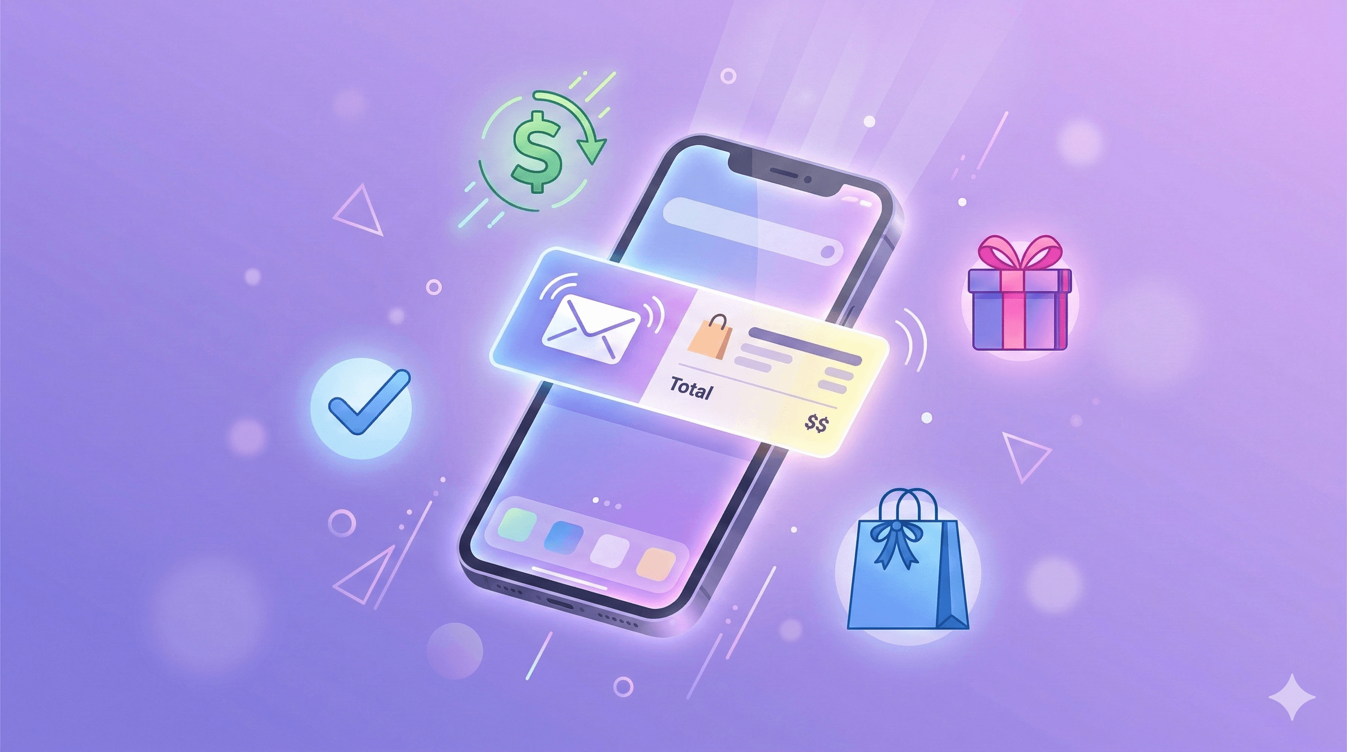 A clean, modern illustration of a floating email notification on a mobile phone screen, surrounded by small icons representing a shopping bag, a checkmark, a dollar sign, and a gift box. The email has a subtle order summary visible. Soft purple-to-lavender gradient background with gentle light rays emanating from the phone. Minimal, modern geometric style. No text. 16:9 aspect ratio.