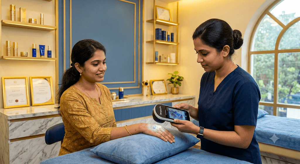 A professional shot of an Indian patient receiving a clinical skin assessment under a UV wood’s lamp, which reveals the depth and extent of underlying pigmentation not visible to the naked eye.