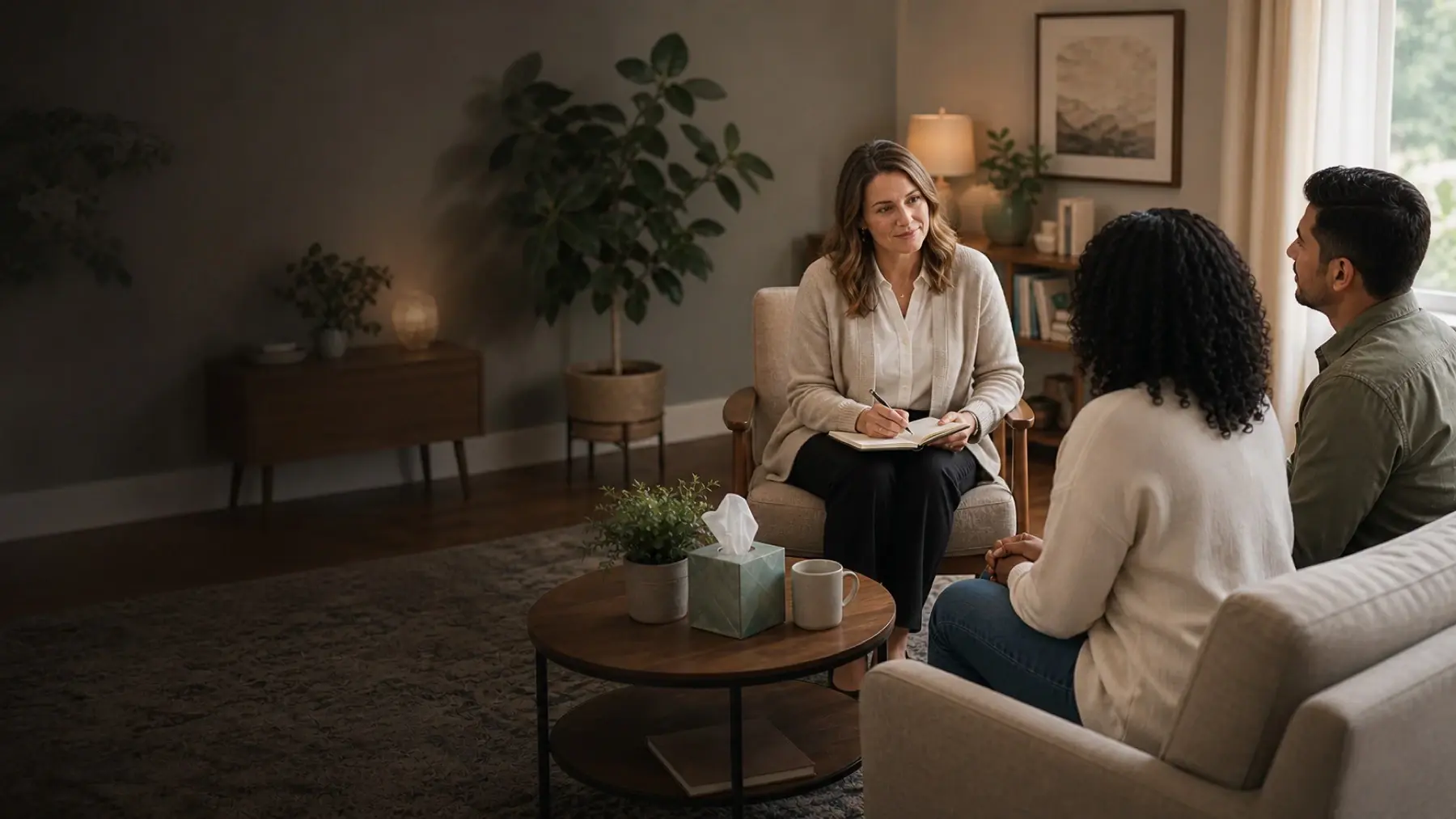 Counselor leading a group therapy session in a welcoming office