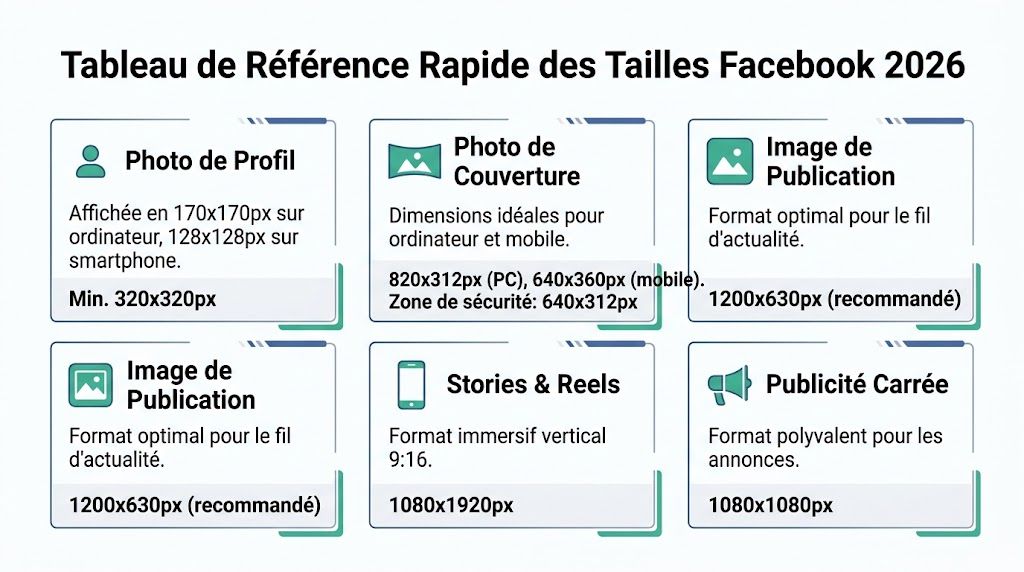 Tableau récapitulatif des dimensions recommandées pour les différents formats d'images sur Facebook en 2026.