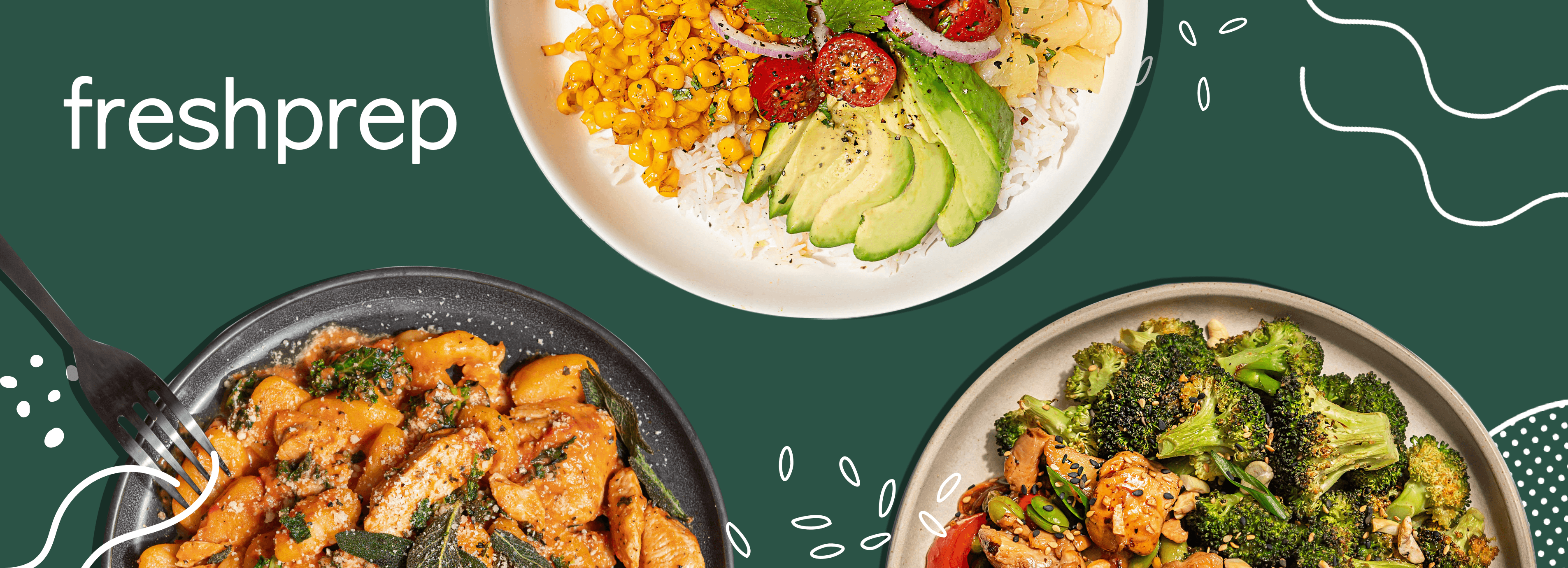 A top-down view of three different appetizing FreshPrep meal kit bowls, including gnocchi, a veggie bowl with avocado, and a chicken stir-fry, highlighting the finalized meal options.