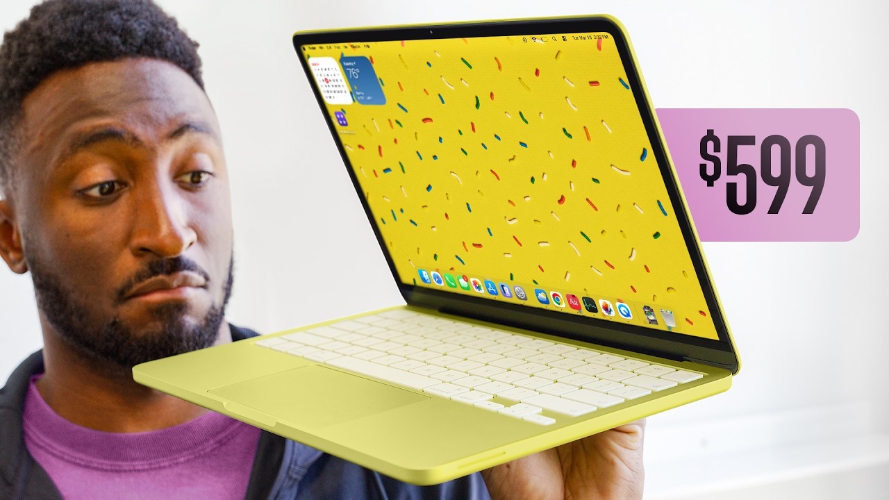 MKBHD-style laptop review thumbnail with lime notebook, creator reaction, and pink price tag