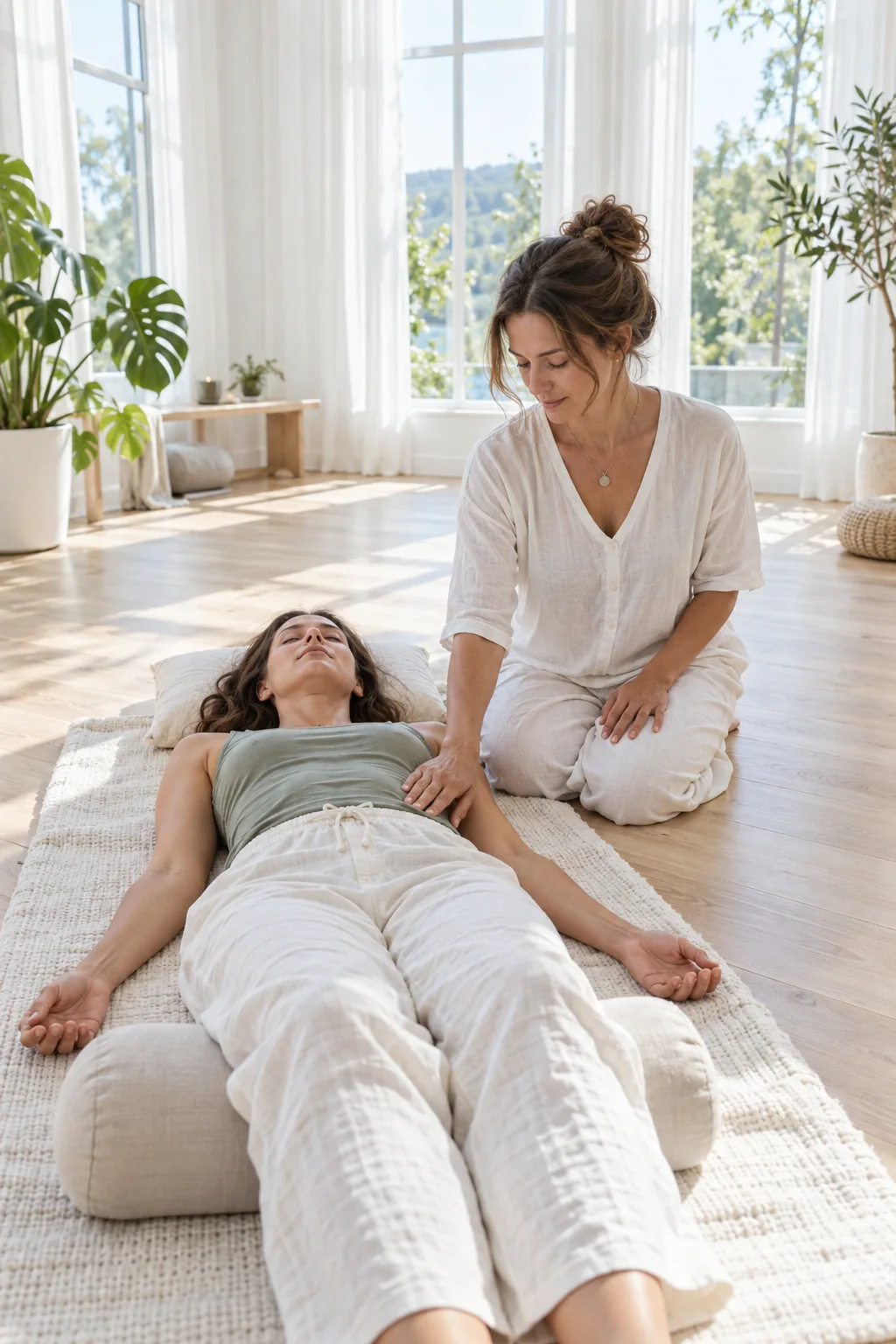A woman lying on a mat in a bright studio while a practitioner kneels beside her