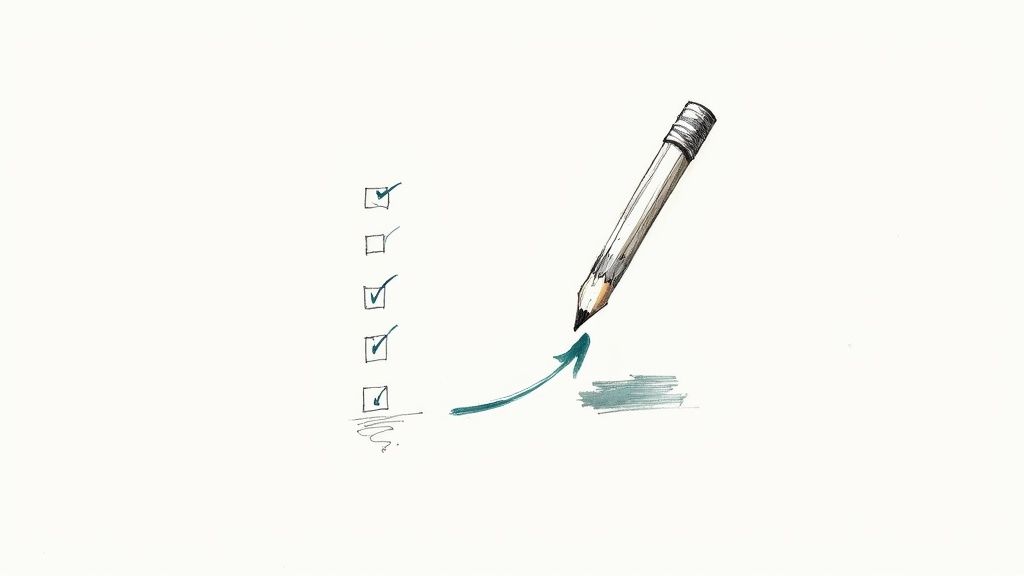 Hand-drawn checklist with completed items, an empty box, and a pencil drawing an upward arrow.