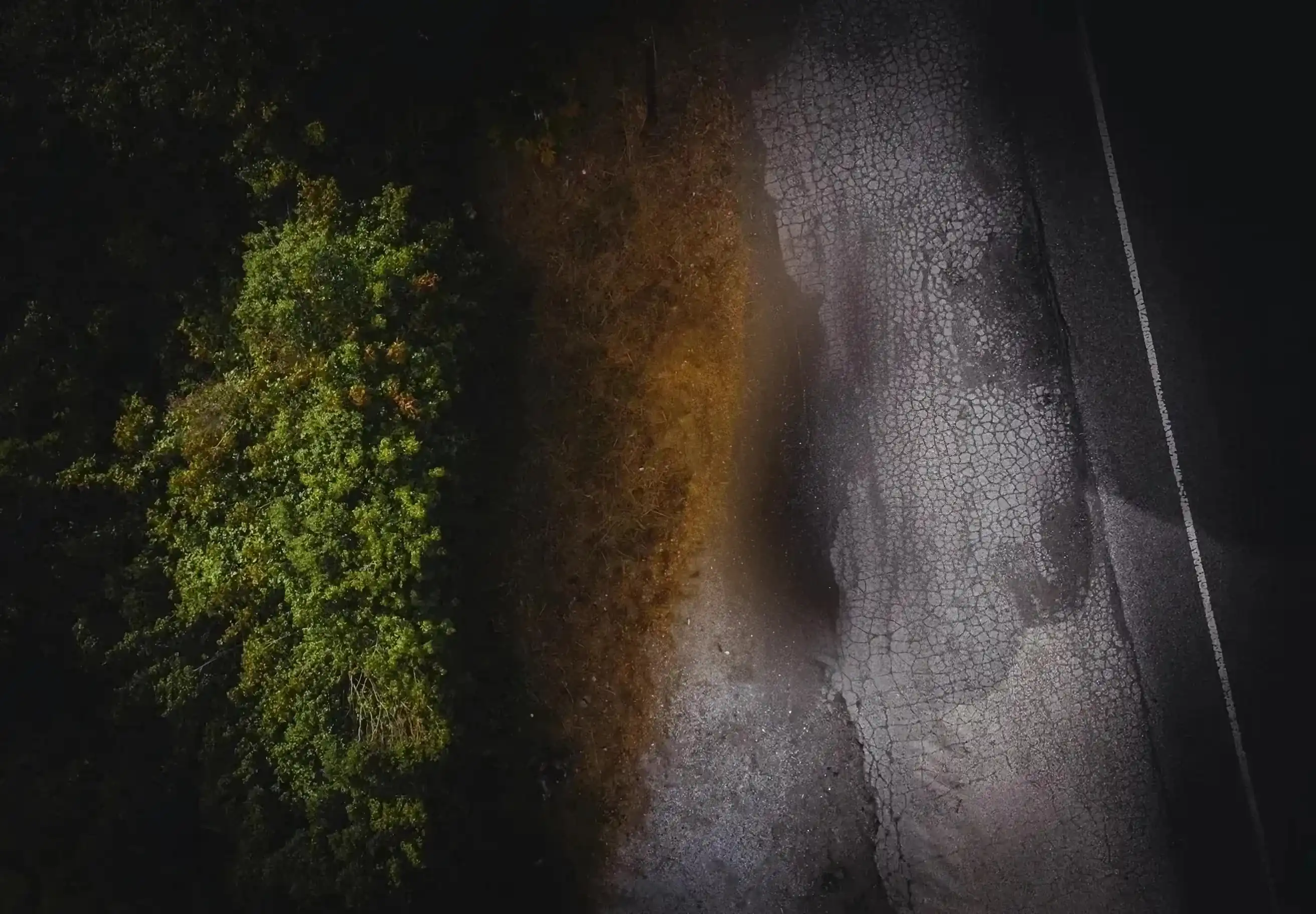 View from above: blue car parked at the edge of a forest road
