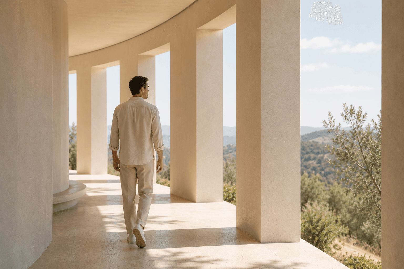 Man walking through a sunlit architectural corridor overlooking a natural landscape