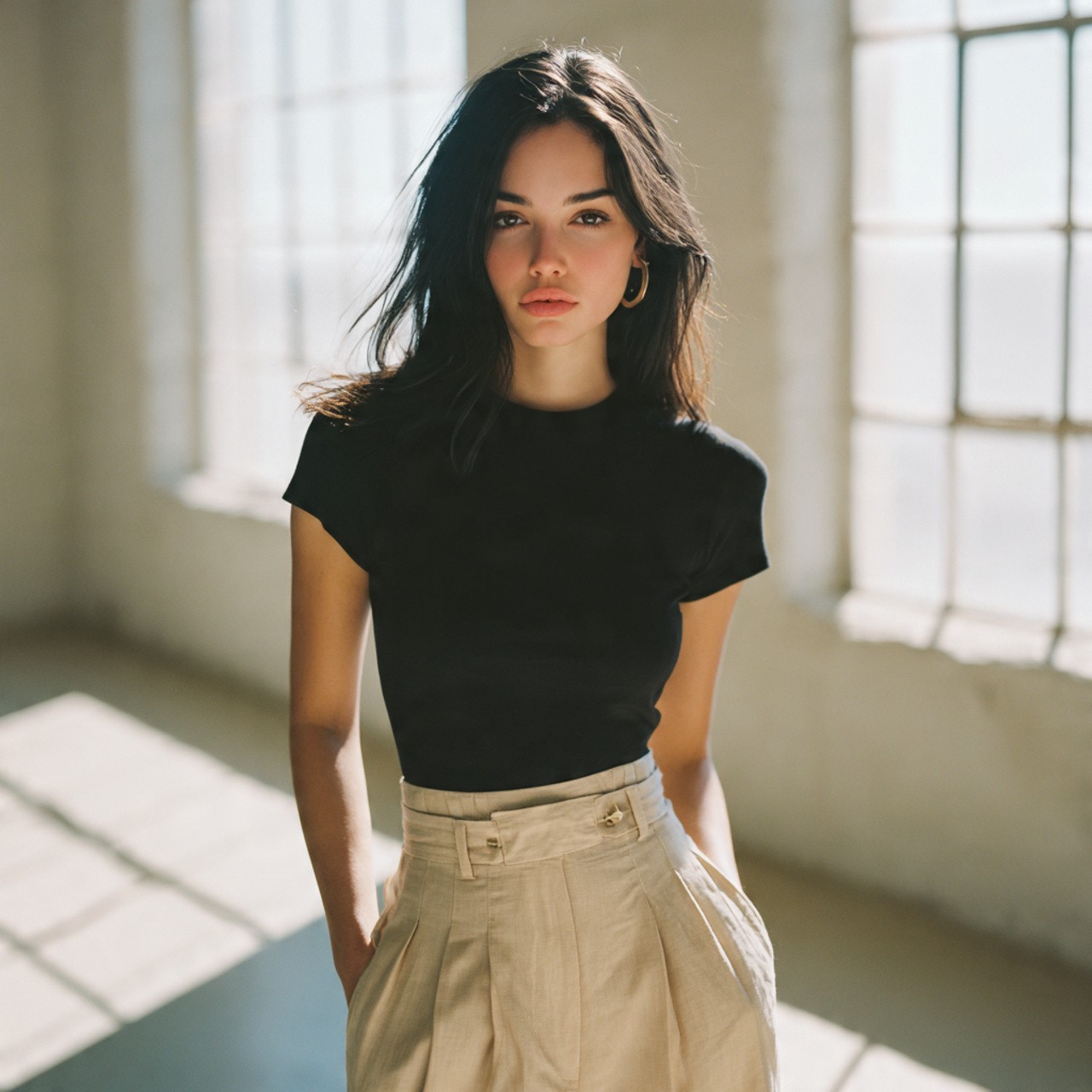Young woman with long dark hair stands confidently in sunlight from large windows. She wears a black top and beige pants, conveying a sleek, modern vibe.