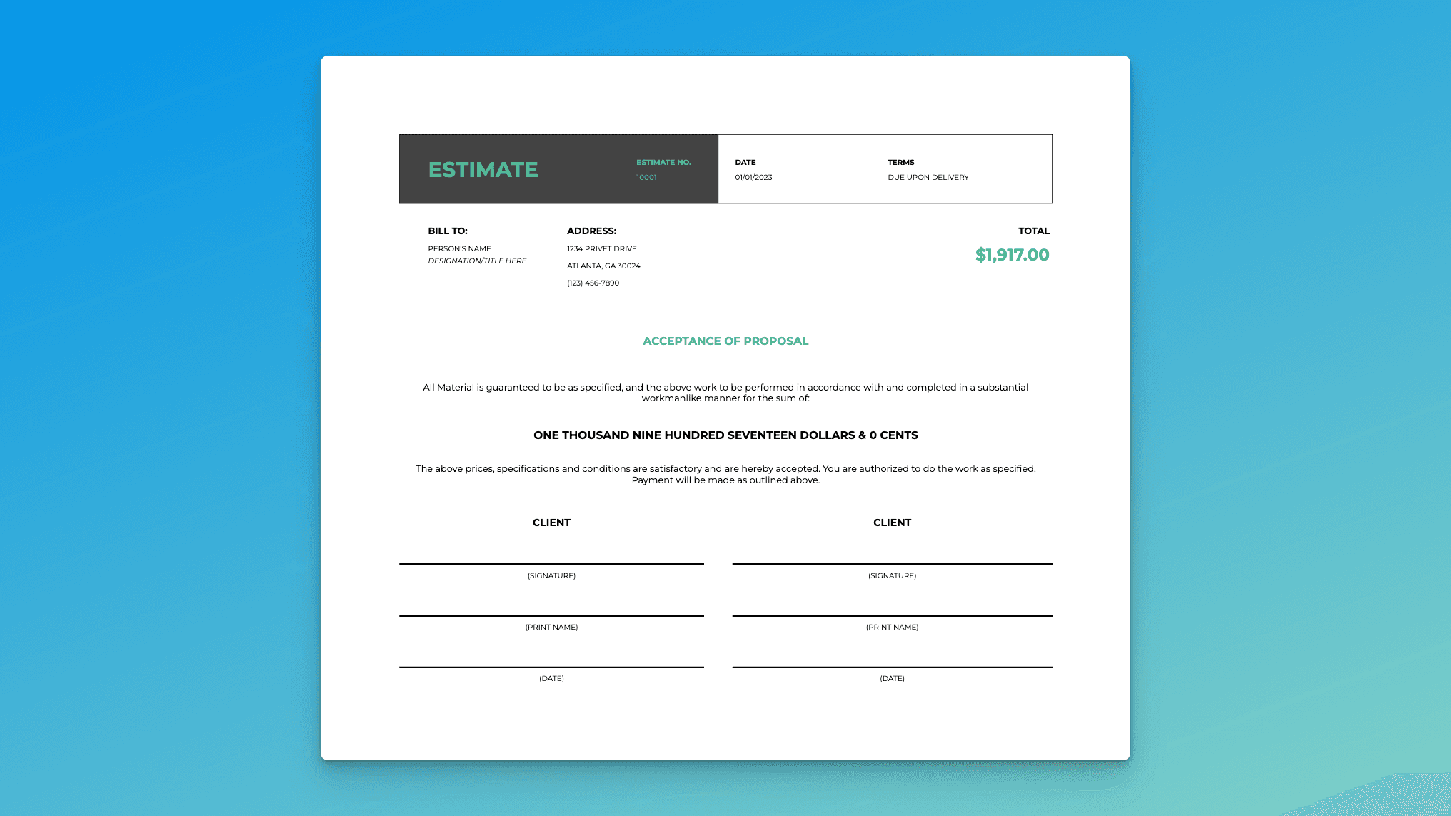 Term Sheet spreadsheet template outlining project acceptance, client and owner signatures, and payment agreement.