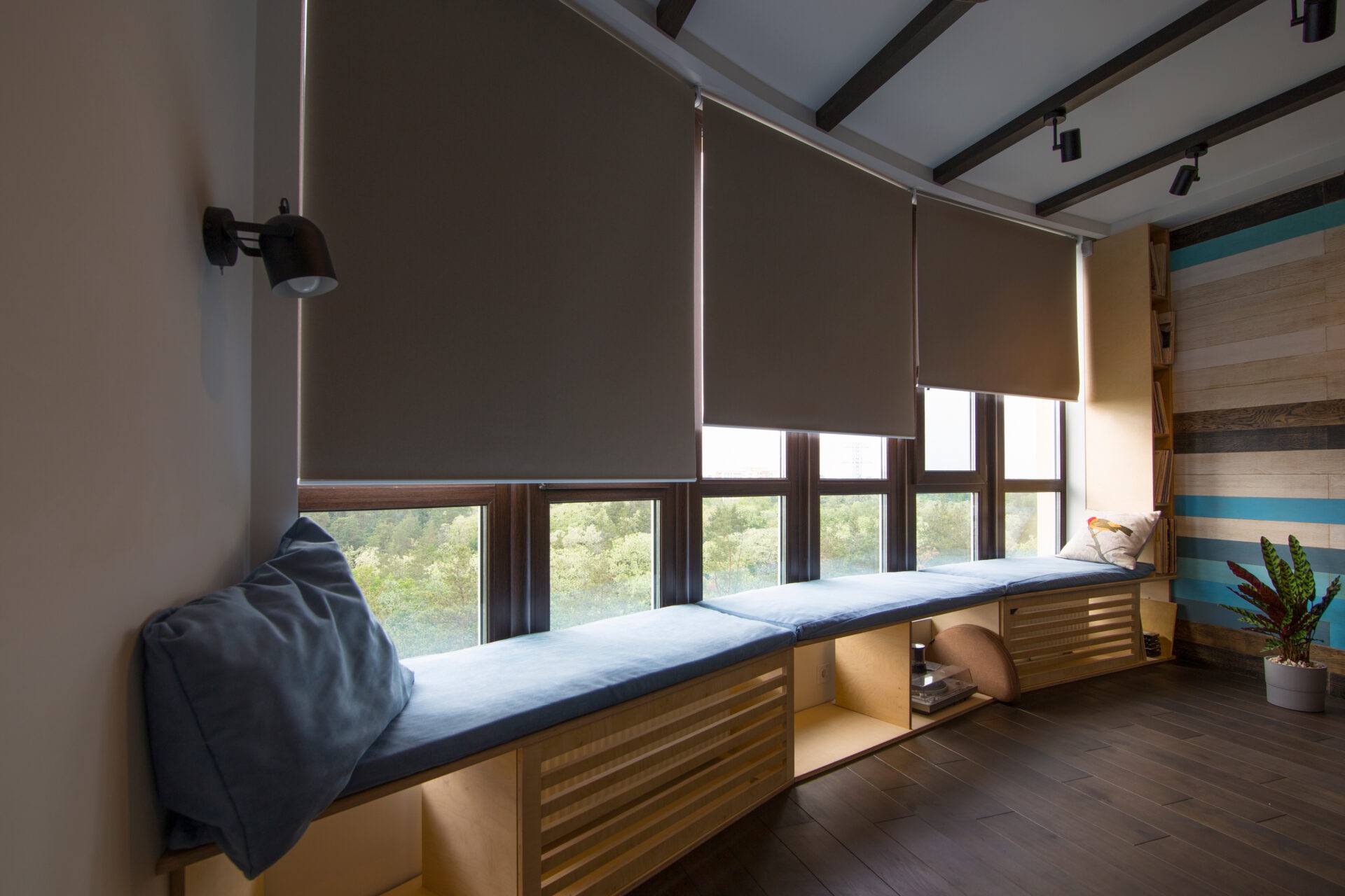 Motorized smart blinds in beige color on big glass windows. Wholesale Blind Factory