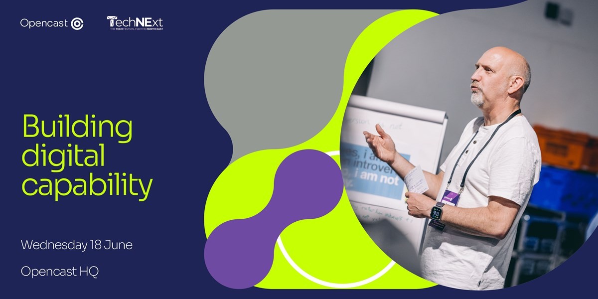 Promotional graphic for an event titled “Career refresh: Intro to tech.” The design features a dark blue background with abstract circular and oval shapes in purple, gray, and bright green. On the right side, there is a photo of a person wearing a light pink hoodie, leaning forward and writing on paper. Event details are displayed on the left: “Wednesday 19 November, 5pm – 8.45pm.” The Opencast logo appears at the top left.