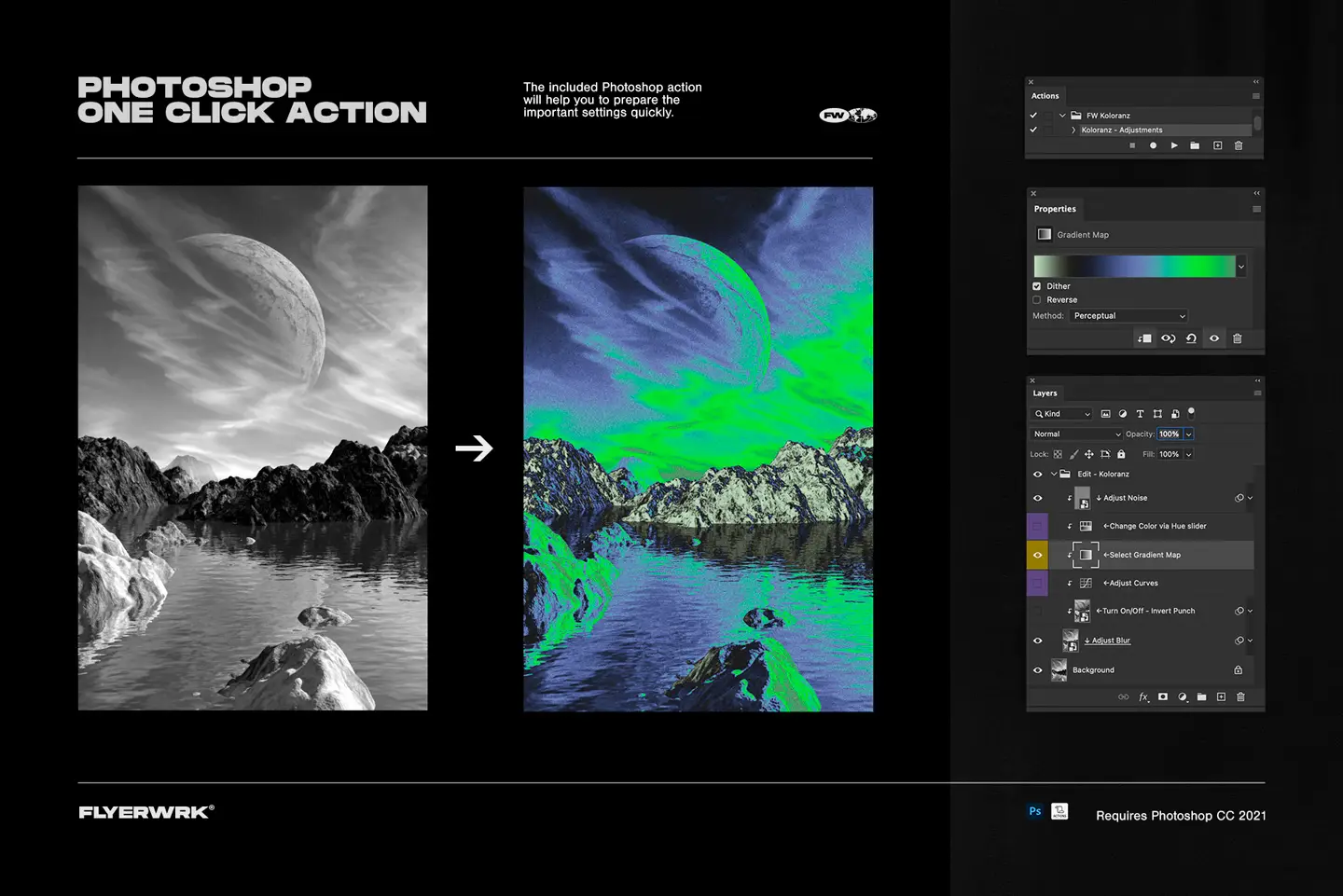 Before and after comparison of a landscape image using the one click Photoshop action feature