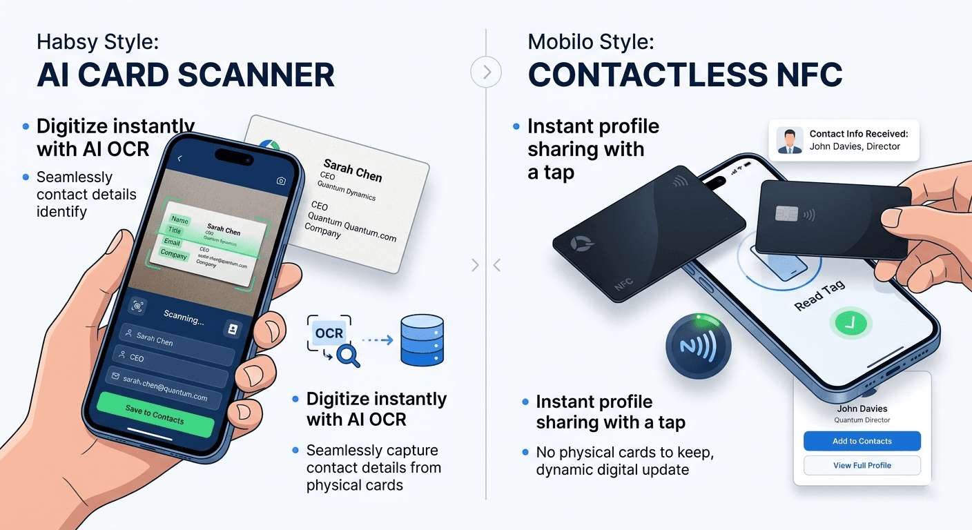 Habsy app scanning business cards vs Mobilo NFC card tap workflow comparison