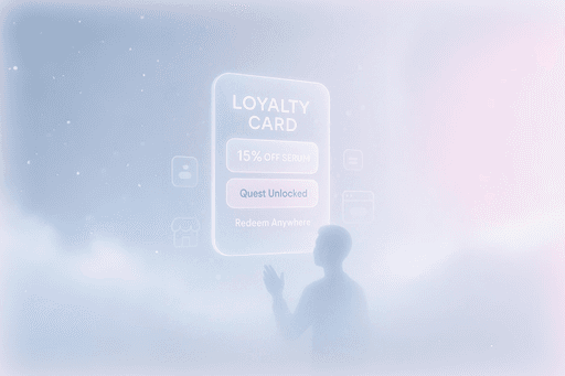 Silhouette of a person interacting with a glowing digital loyalty card showing discounts and rewards, representing Quboid’s personalized in-app offers to re-engage dormant customers.