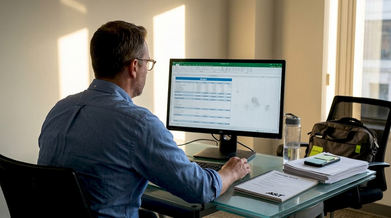 Marketer adjusting ad campaign spreadsheet