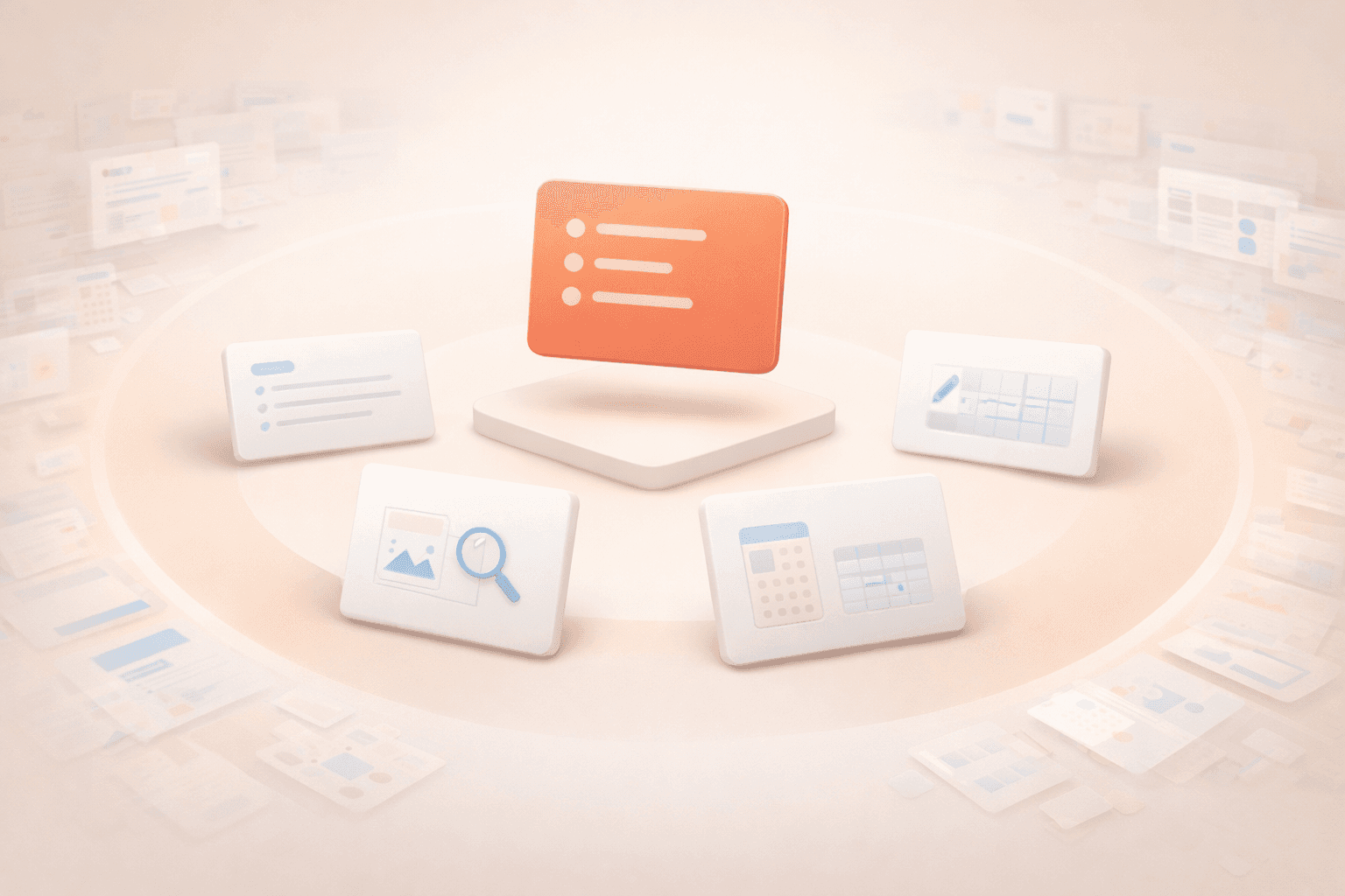 Minimalistische 3D-Illustration mit einer schwebenden korallfarbenen Fokuskarte im Zentrum, umgeben von vier klar strukturierten Karten für Schreiben, Recherche, Design und Planung. Im äußeren Bereich verblassen zahlreiche halbtransparente App-, Dashboard- und Funktionsflächen im warmen cremebeigen Hintergrund und symbolisieren die Reduktion von Tool-Chaos auf wenige wirklich relevante KI-Werkzeuge.