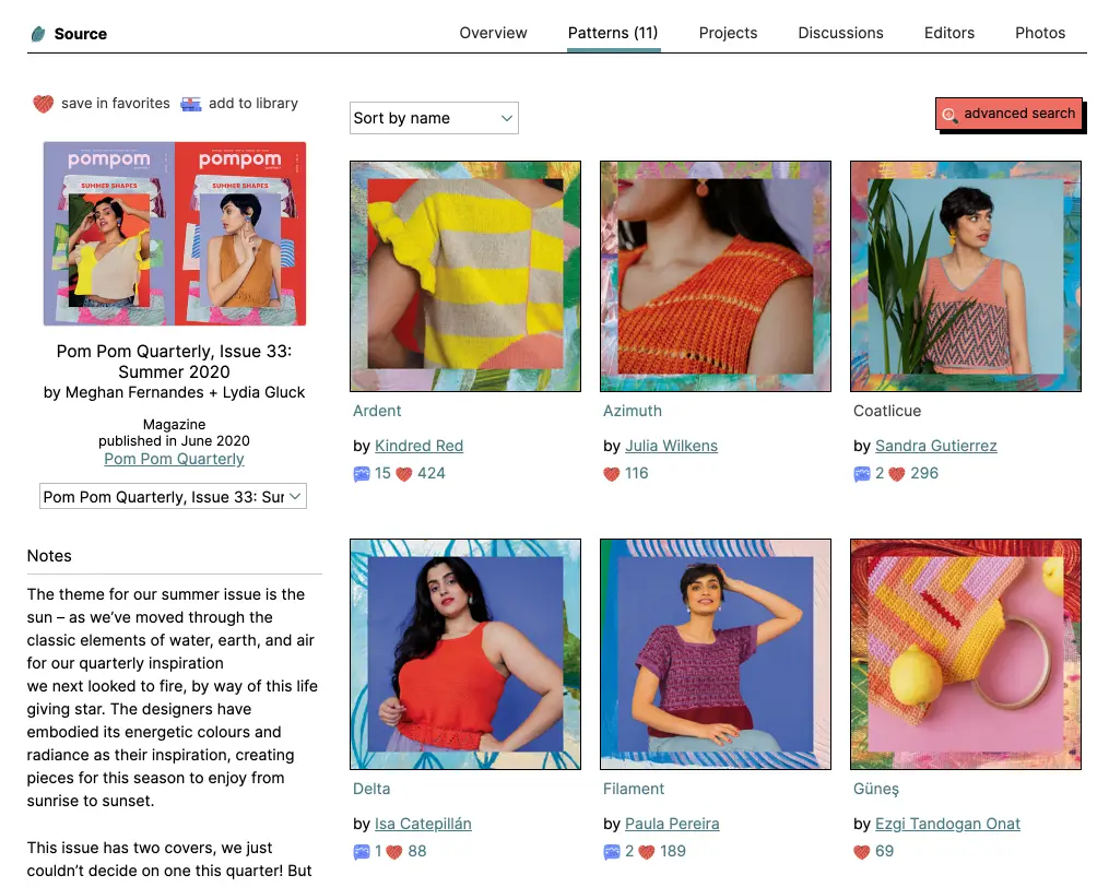 Desktop interface showcasing a patterns overview, including Pom Pom Quarterly magazine covers and a grid of colorful crochet patterns with project names, designers, and engagement stats like favorites and comments.