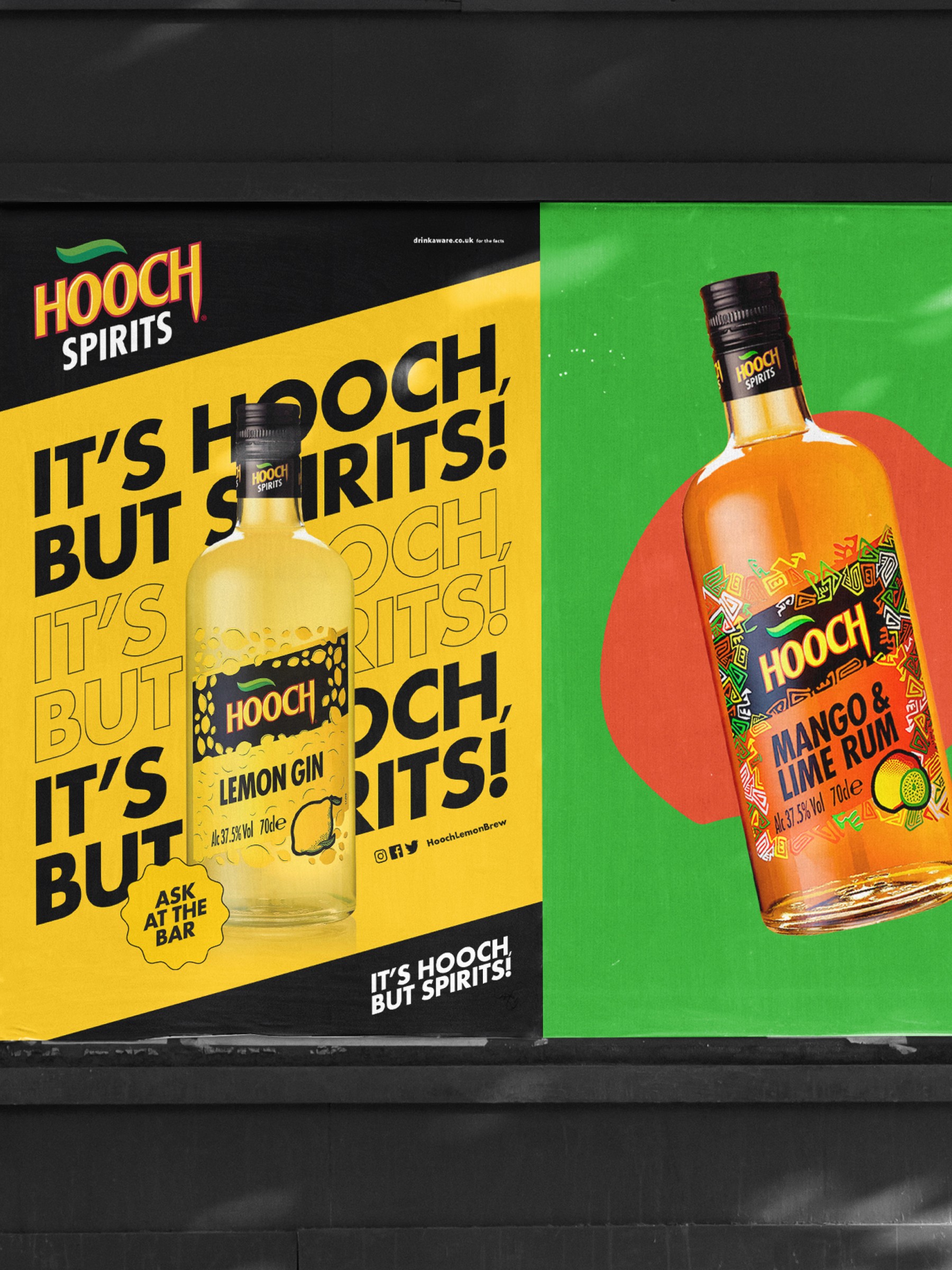 Hooch Spirits outdoor advertising poster featuring product cans and playful campaign messaging.