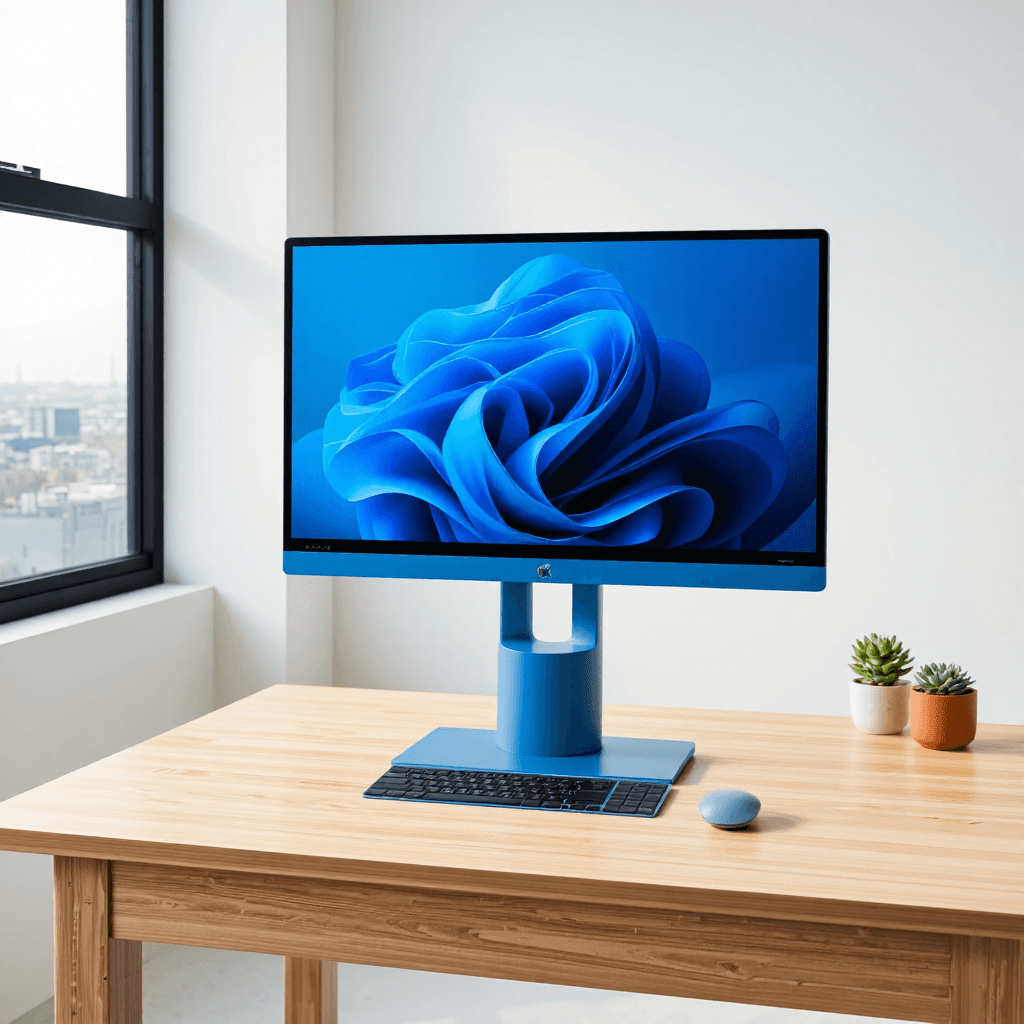 product photography of a desktop computer with an all-in-one design, featuring a large display and integrated speakers