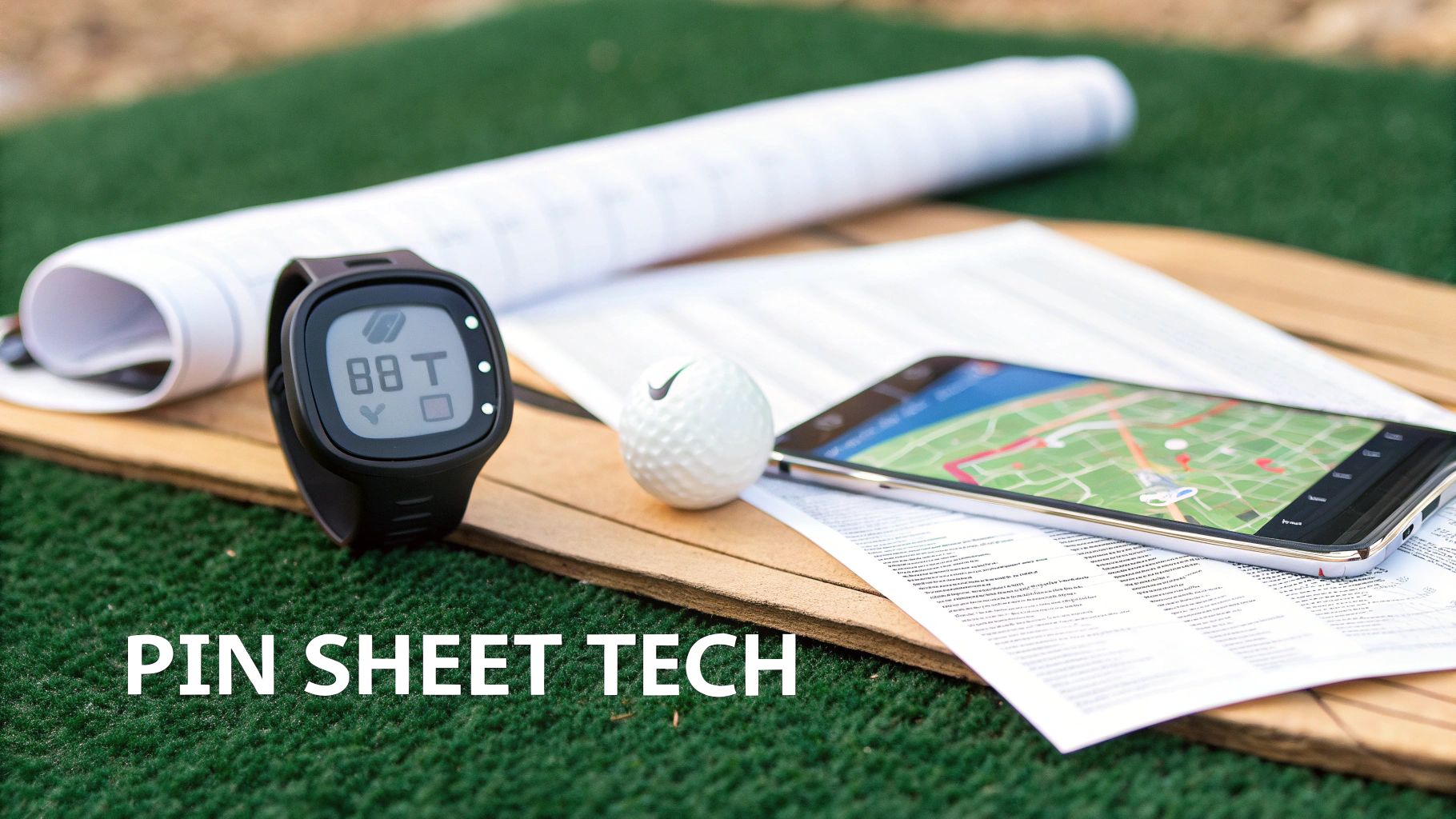 Golf technology displayed on a putting green: GPS watch, golf ball, and smartphone with course map.