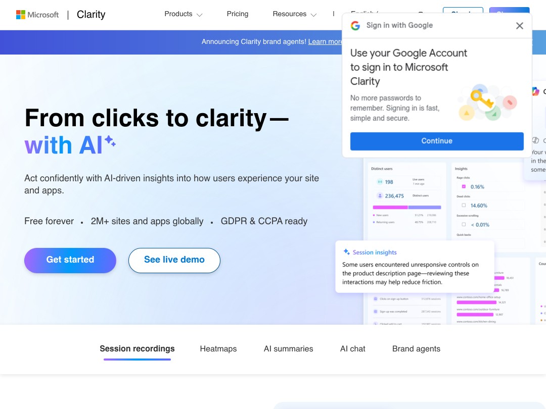 Microsoft Clarity homepage highlighting AI insights and Google sign-in.