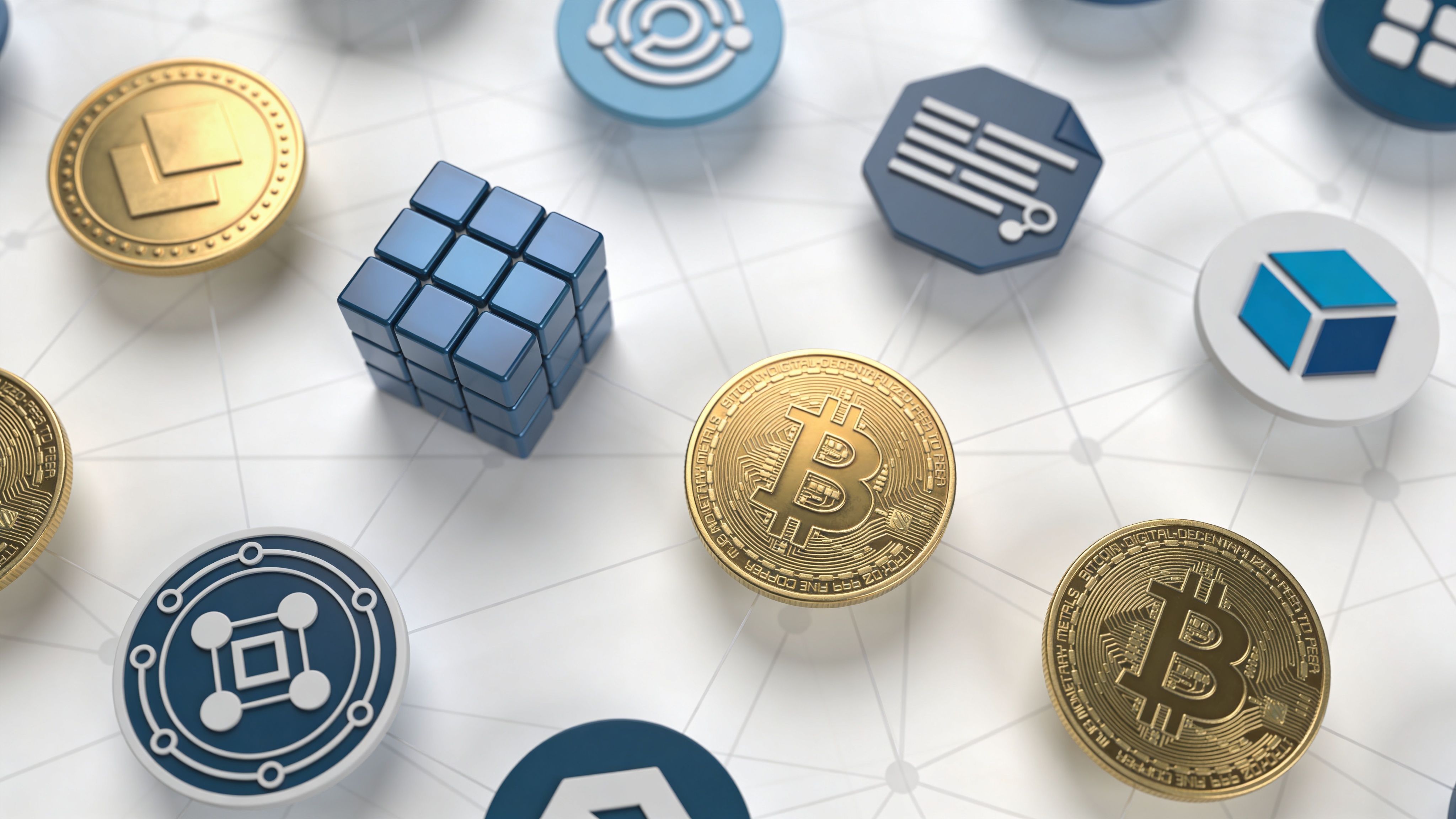 Gold Bitcoin coins arranged with various blue and white blockchain technology icons on a connected grid background.