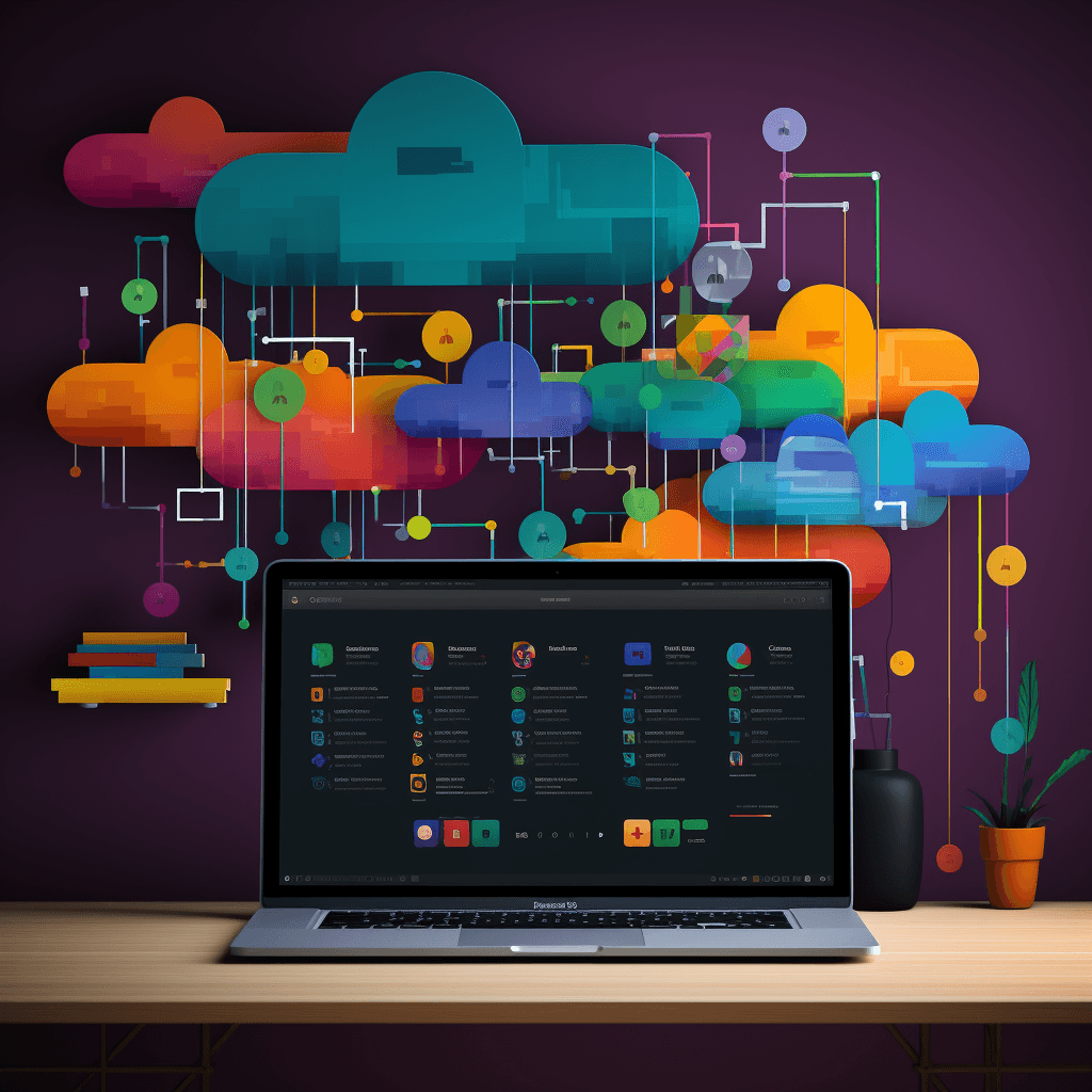An open laptop on a desk displaying a colorful Slack application interface, with a vibrant, abstract backdrop of interconnected clouds symbolizing networked communication and cloud computing