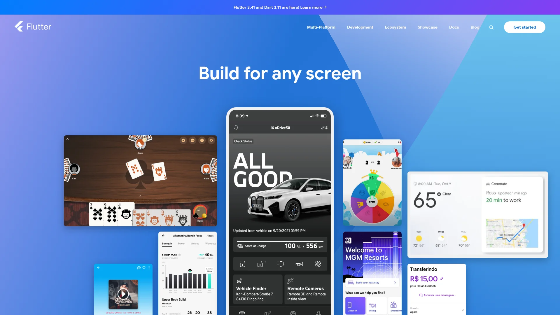 Flutter homepage showing Google's open source framework for building multi-platform apps