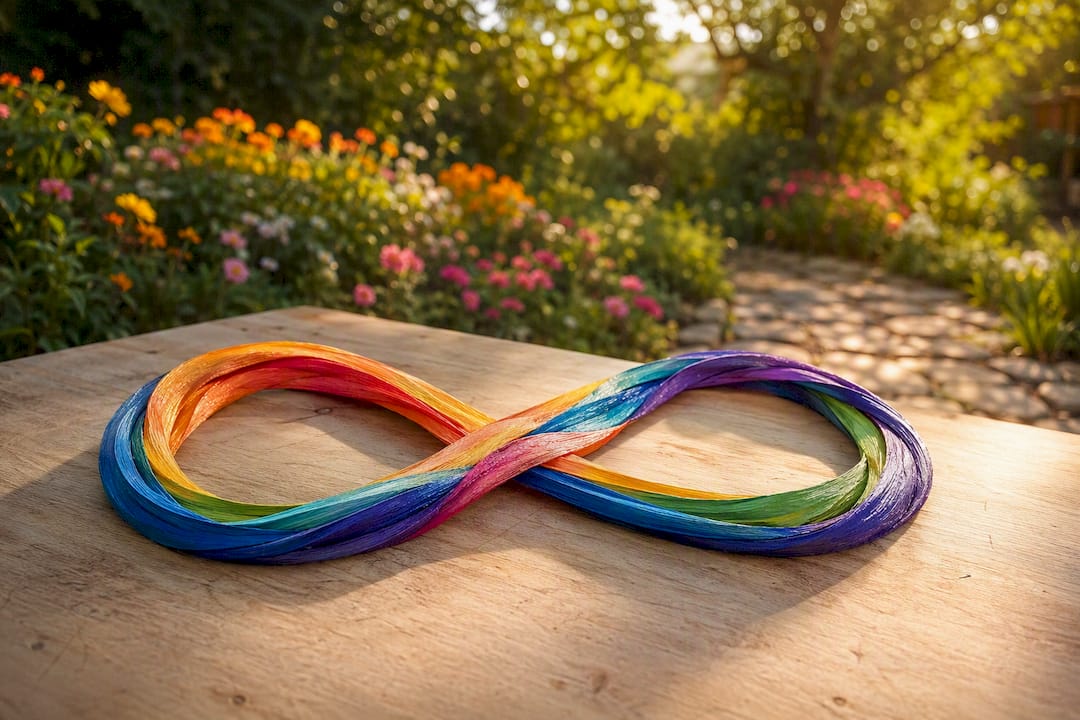 Símbolo infinito multicolor del autismo sobre una mesa