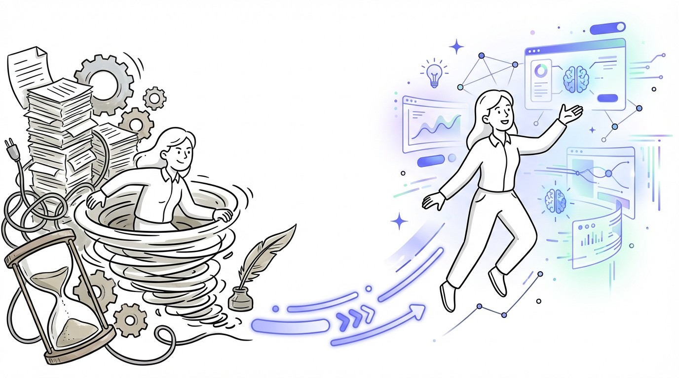 Illustration showing a person evolving from a chaotic, paper-filled manual work environment on the left to a bright, streamlined digital space with data streams and glowing interfaces on the right, symbolizing transformation and efficiency.