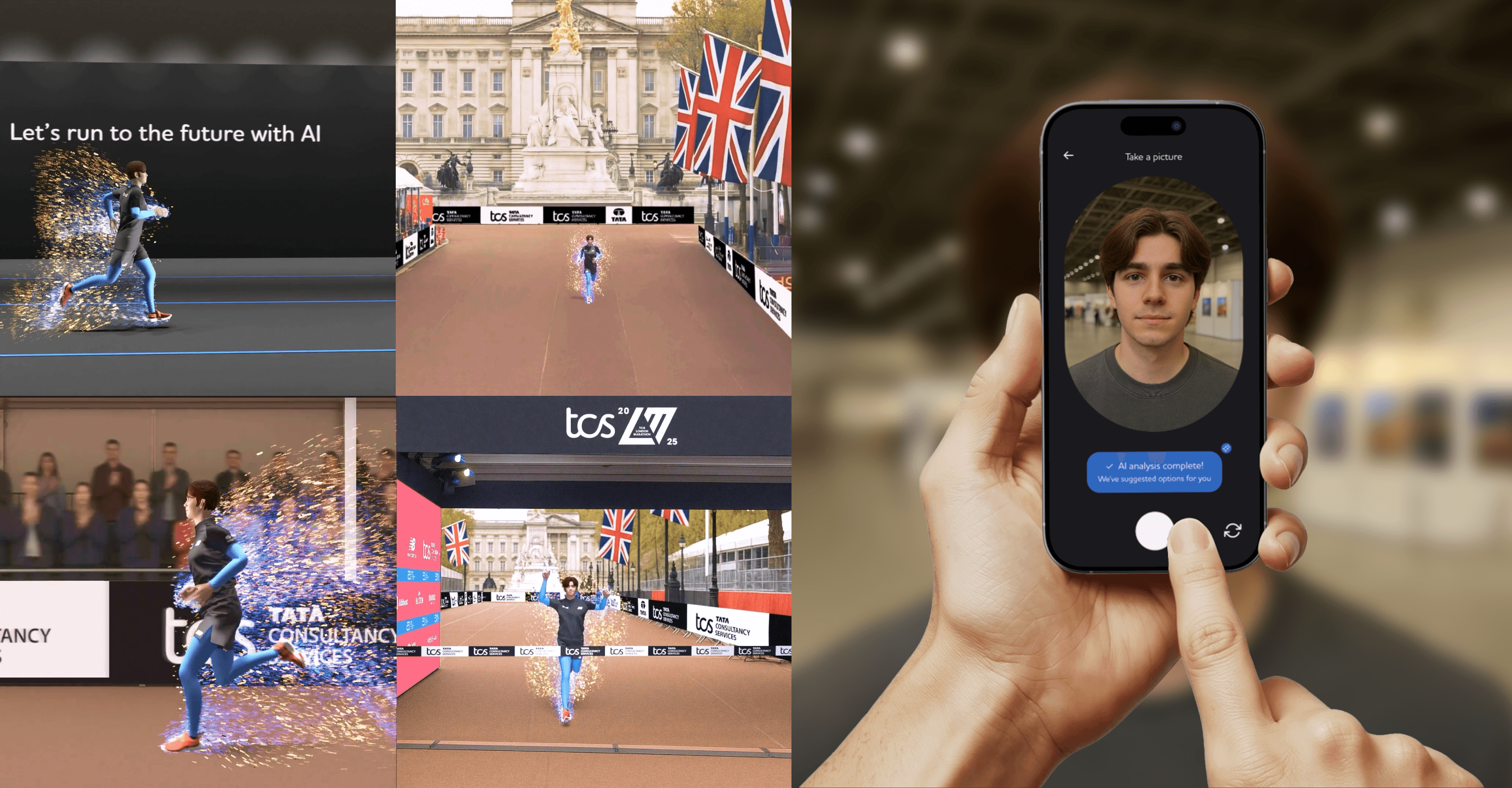 Close-up of a phone screen showing a digital runner experience, with avatars running in a virtual race.