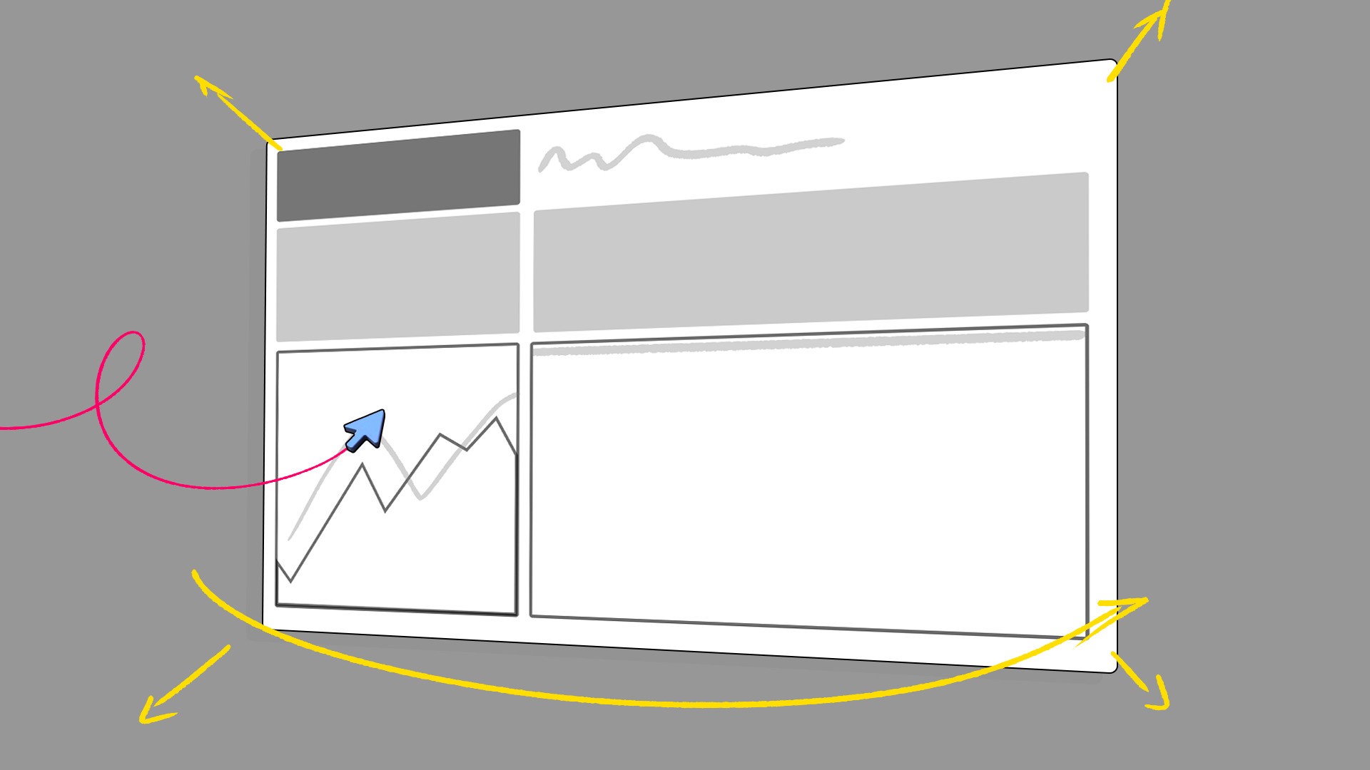 A sketch of an interface screen with yellow arrows indicating motion