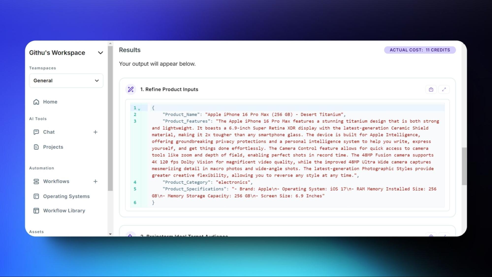 Screenshot of Copy.ai's workspace displaying JSON data with product specifications for the Apple iPhone 16 Pro Max, including features and technical details.