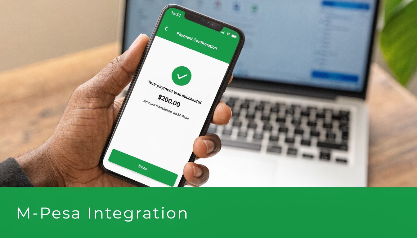A person holding a smartphone displaying a successful M-Pesa payment confirmation screen on a laptop background.