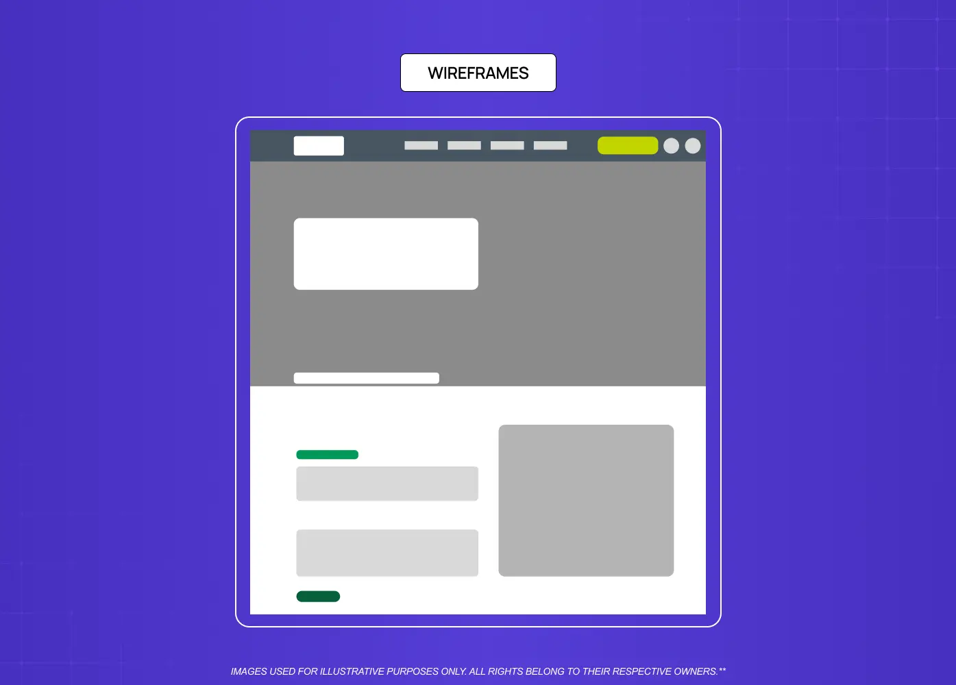Low-fidelity website wireframe showing the basic layout, content blocks, and navigation without visual styling.