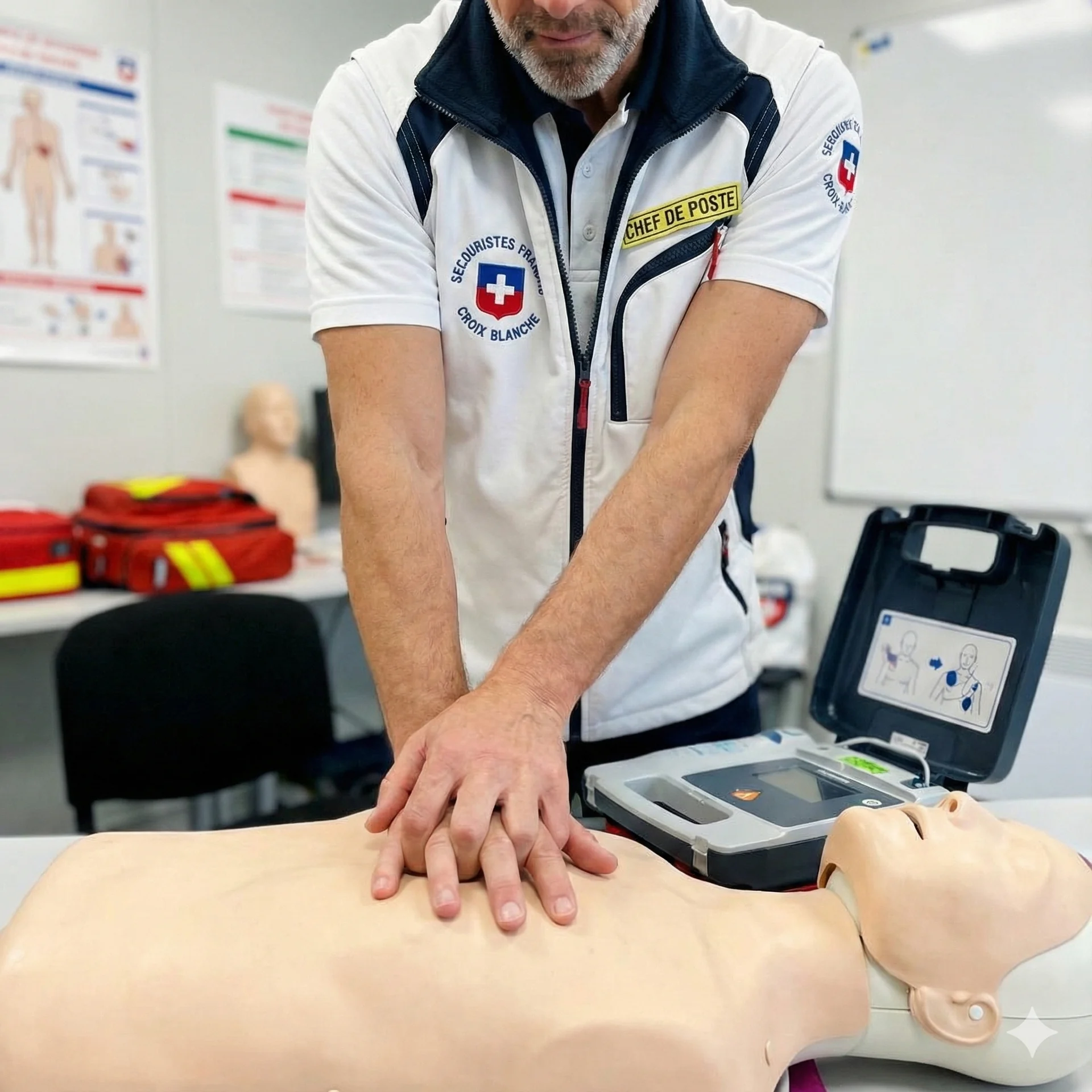 Formation aux premiers secours, mannequin de RCP, défibrillateur, secouriste en action.