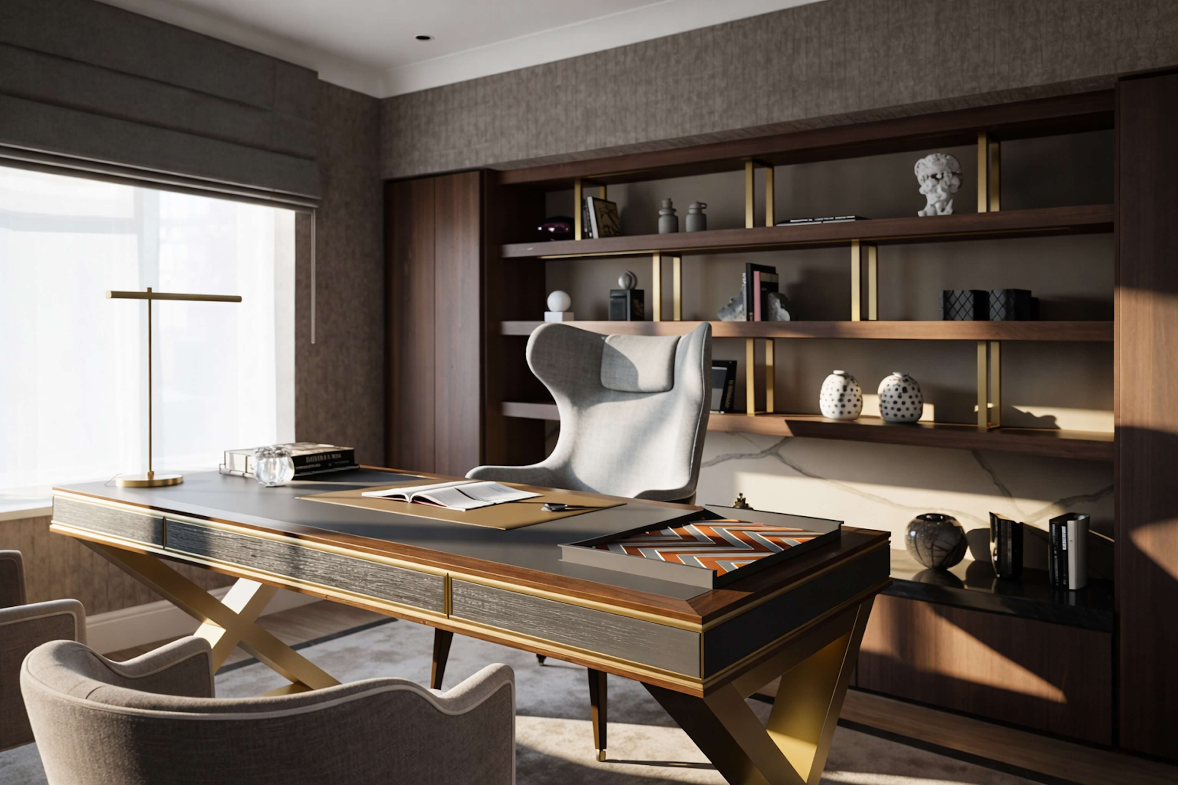 Elegant luxury home office with gold-accent desk and custom wood shelving