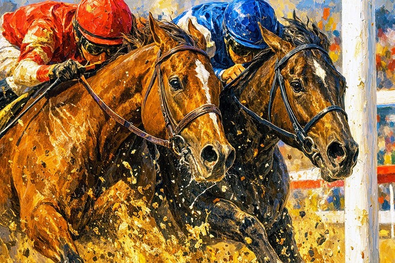 Two Thoroughbred racehorses running neck and neck at the finish line, jockeys in red & blue silks urging for victory 