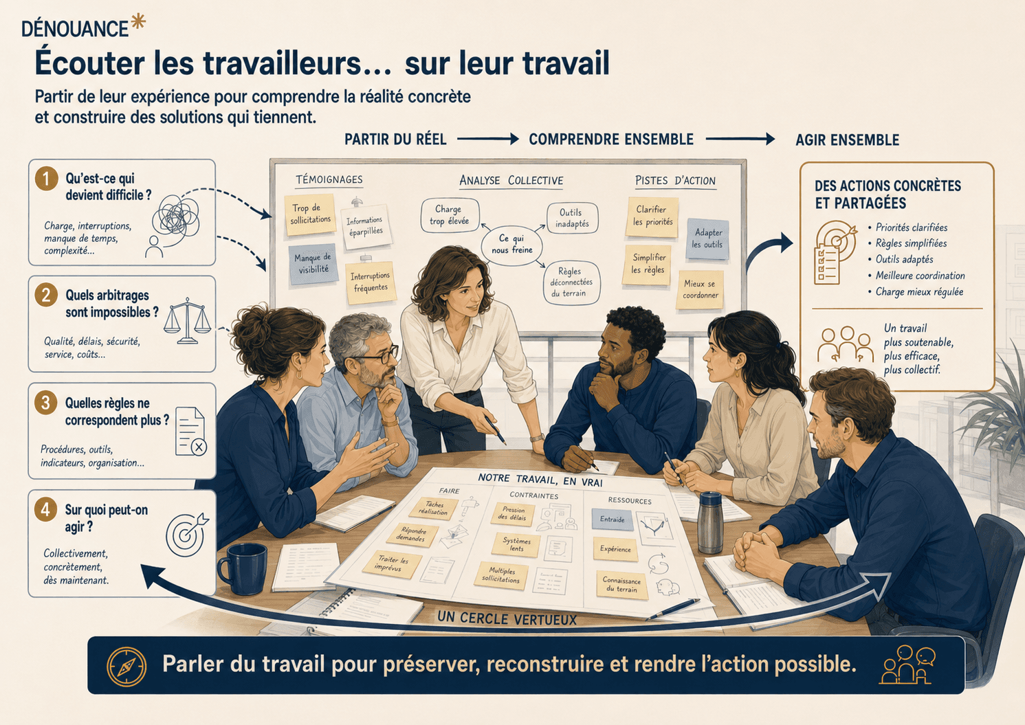 Équipe discutant du travail réel pour identifier les difficultés, les arbitrages et construire des pistes d’action.