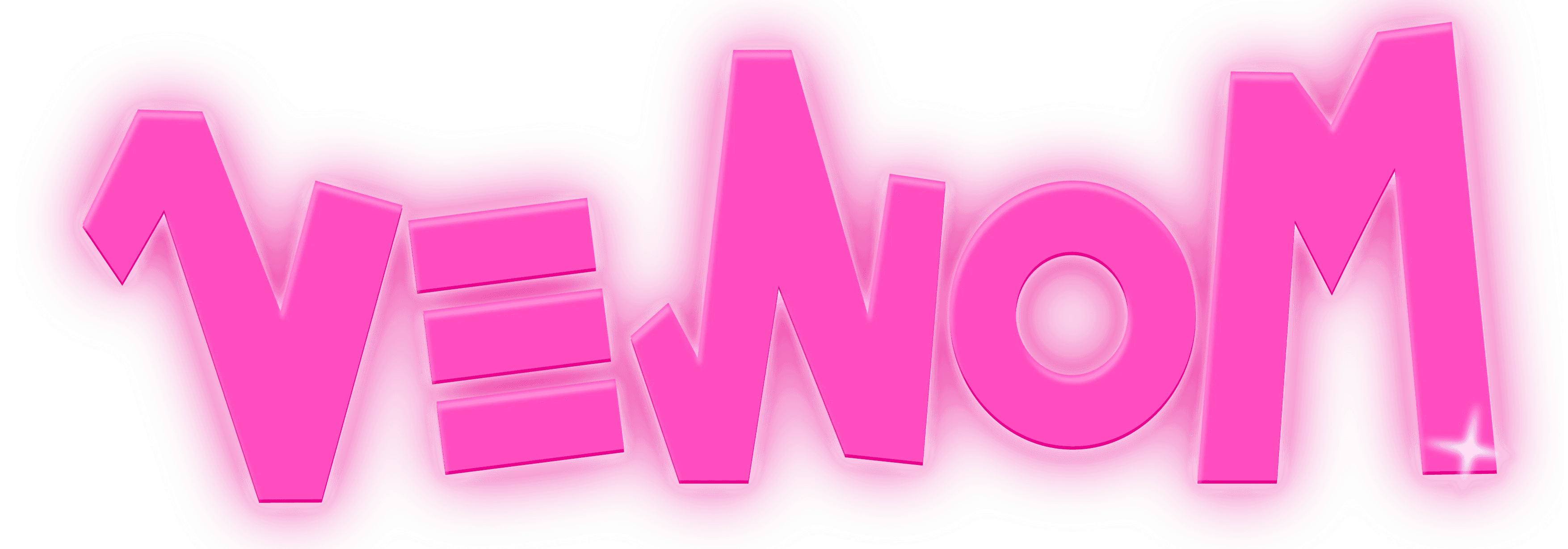 Venom Brand Logo Which is decorative - Bright pink with a glowing background and stars - it spells women upside down.