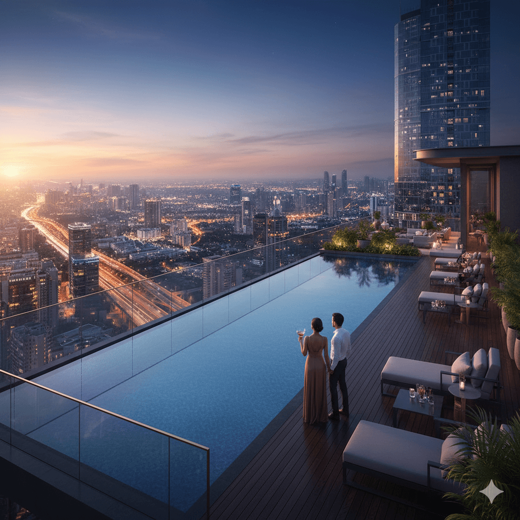 M3M Gurugram luxury rooftop infinity pool overlooking city skyline at sunset