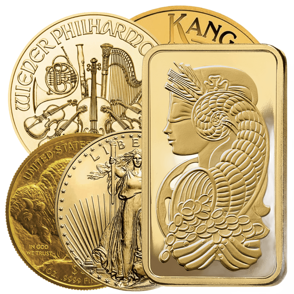 Collection of gold bullion featuring a 1 oz PAMP Suisse gold bar, gold Philharmonics, and gold Krugerrands.
