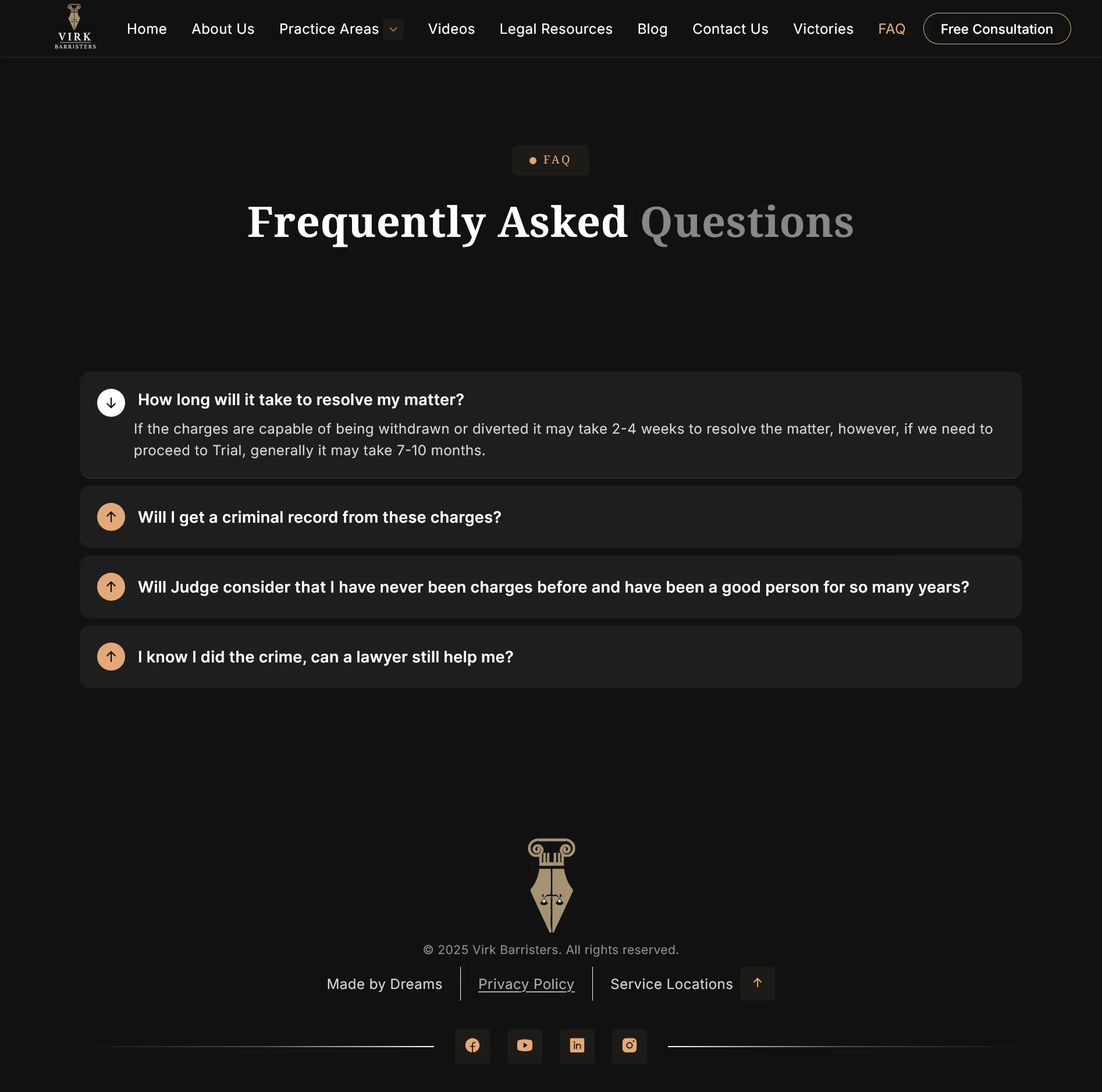 Faqs page for virkbarristers website developed & designed by Dreams Agency Mississauga, Ontario