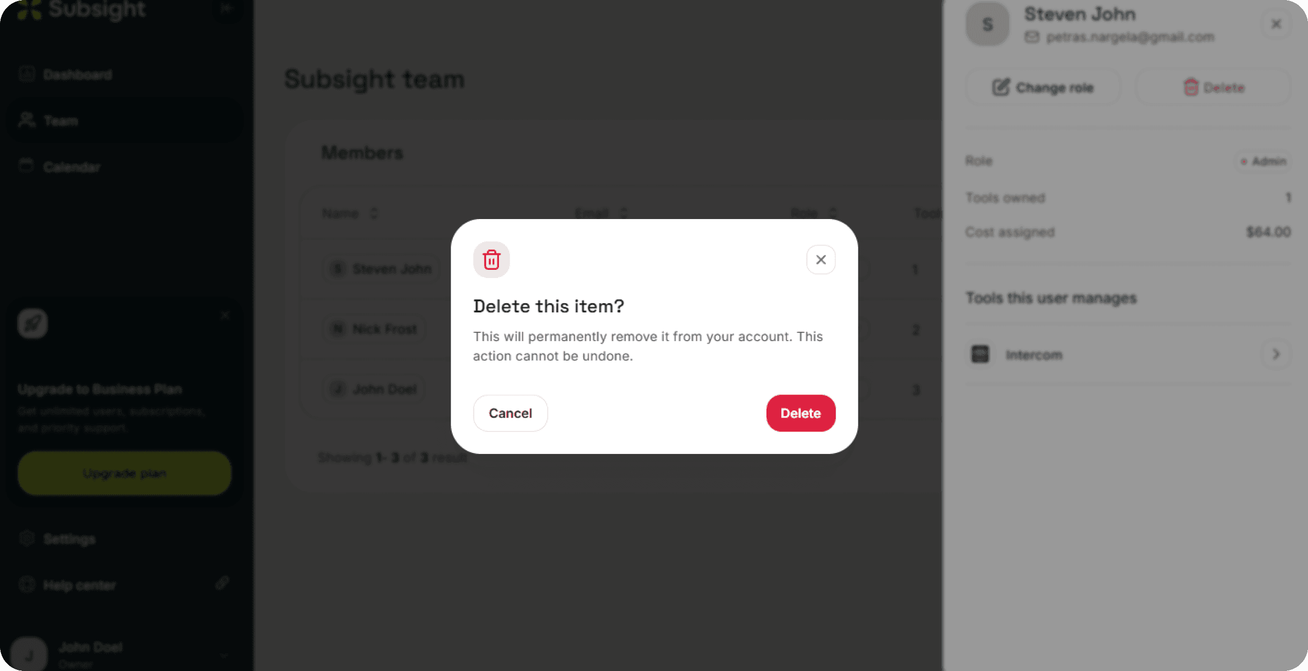 Subsight delete confirmation modal warning about permanent removal with delete and cancel options.