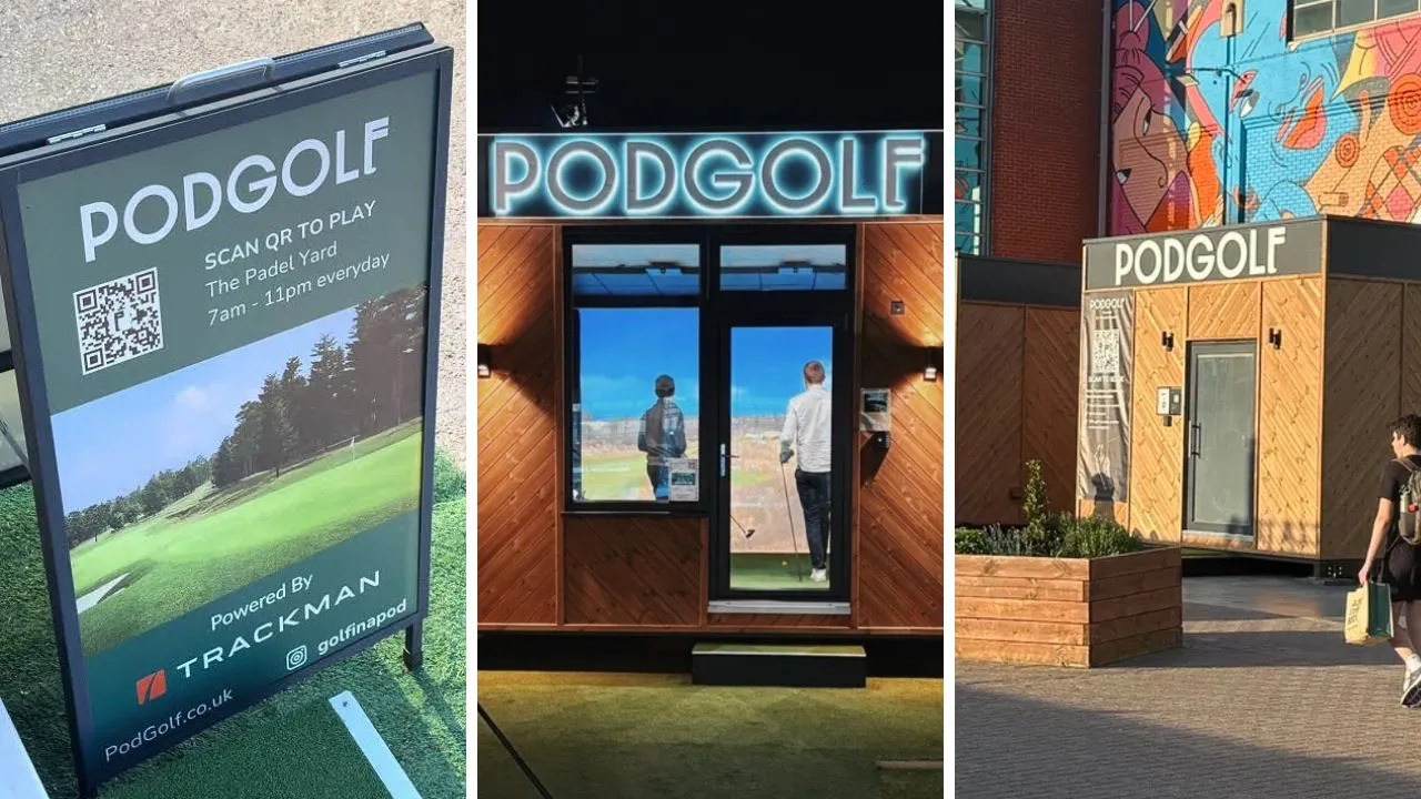 PodGolf indoor golf venue in London with TrackMan simulator bays.