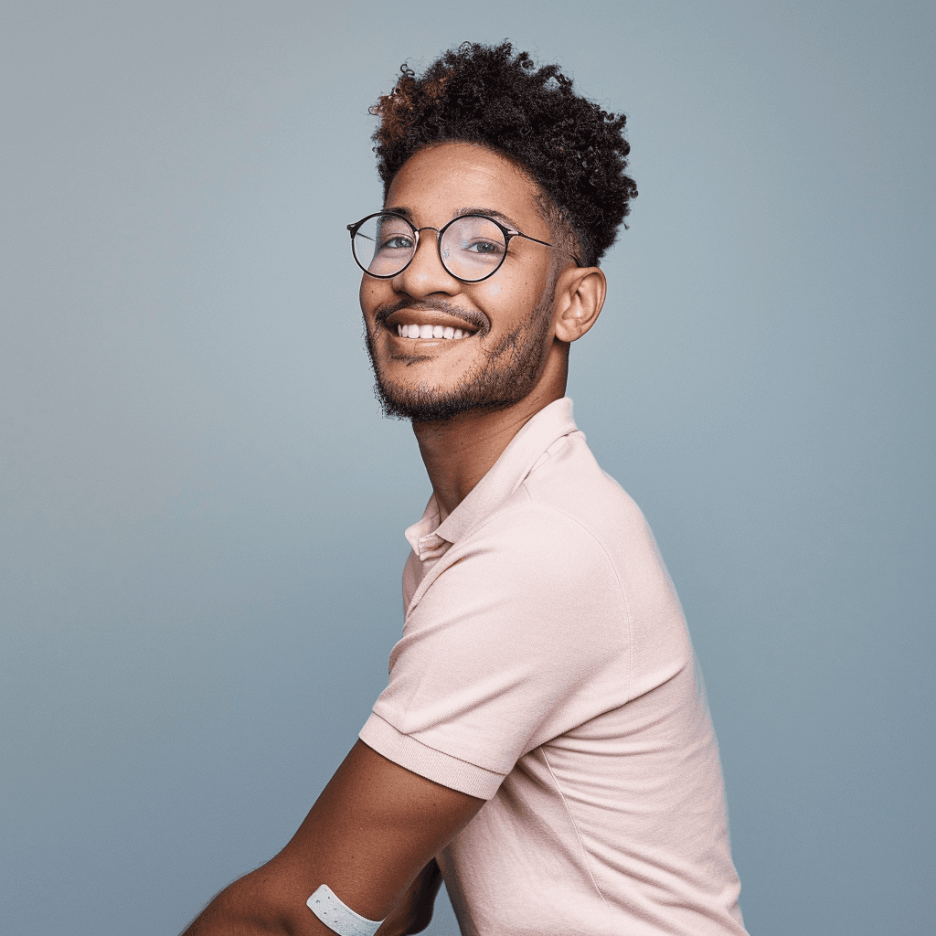 Smiling man wearing glasses and a pink shirt, showing his arm with a bandage after vaccination.