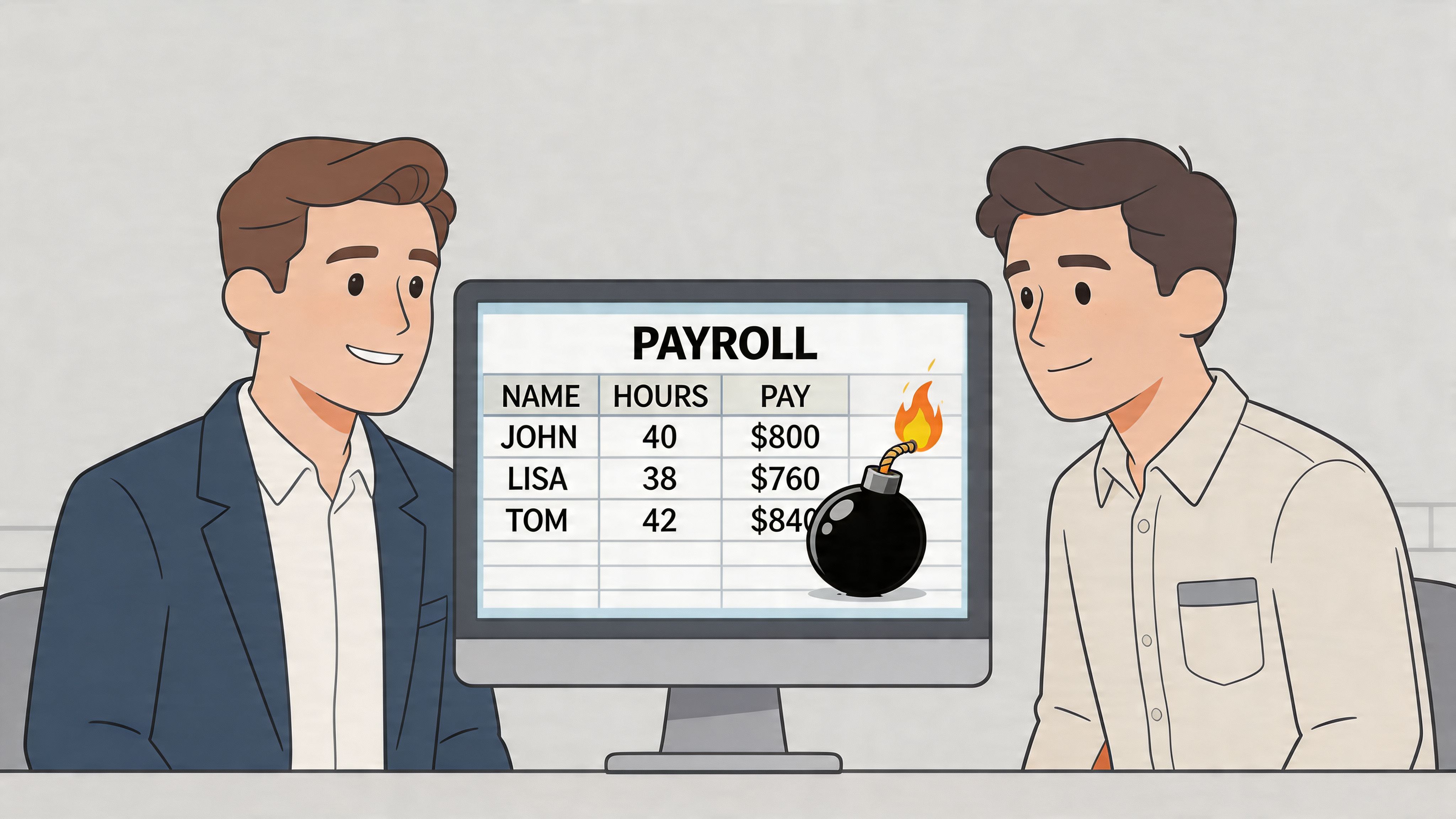 Two professional men looking at a computer monitor displaying a payroll spreadsheet with an icon of a bomb.